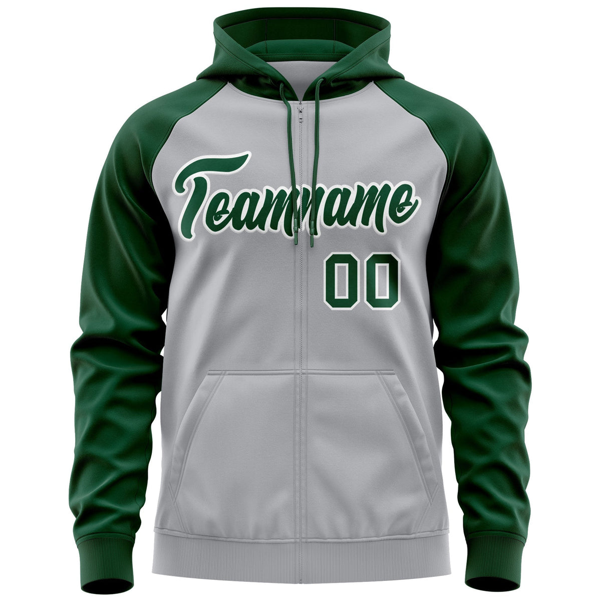 Custom Stitched Gray Green-White Raglan Sleeves Sports Full-Zip Sweatshirt Hoodie| KXKSHOP