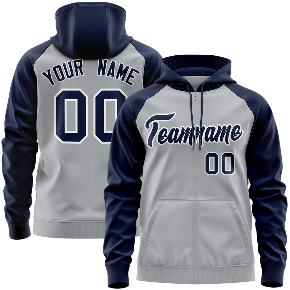 Custom Stitched Gray Navy-White Raglan Sleeves Sports Full-Zip Sweatshirt Hoodie| KXKSHOP
