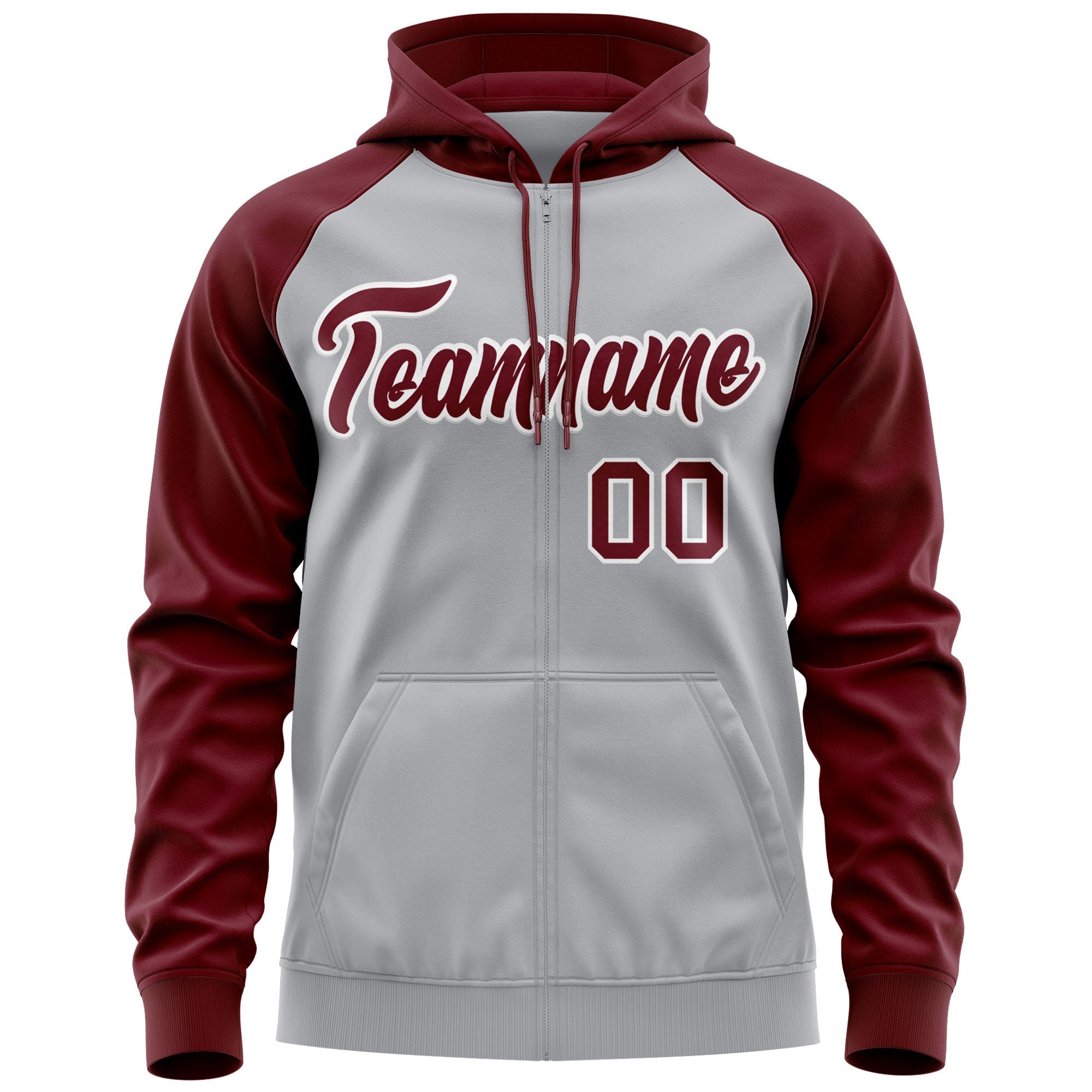 Custom Stitched Gray Crimson-White Raglan Sleeves Sports Full-Zip Sweatshirt Hoodie| KXKSHOP