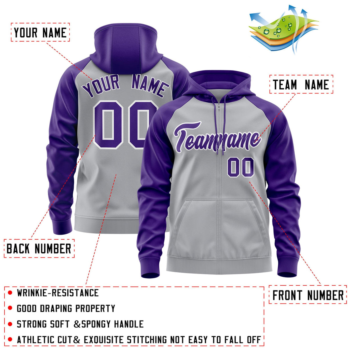 Custom Stitched Gray Purple-White Raglan Sleeves Sports Full-Zip Sweatshirt Hoodie| KXKSHOP