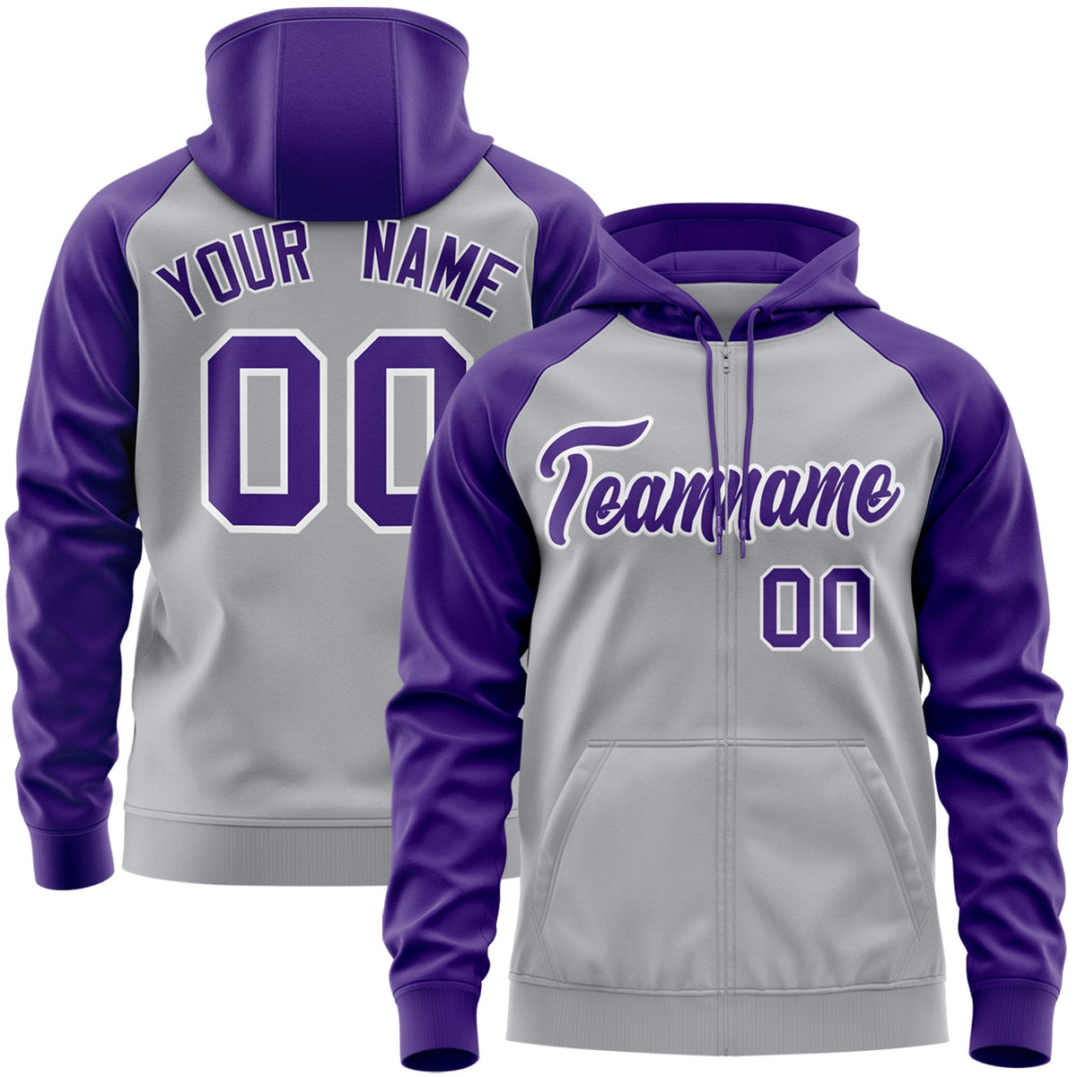 Custom Stitched Gray Purple-White Raglan Sleeves Sports Full-Zip Sweatshirt Hoodie| KXKSHOP