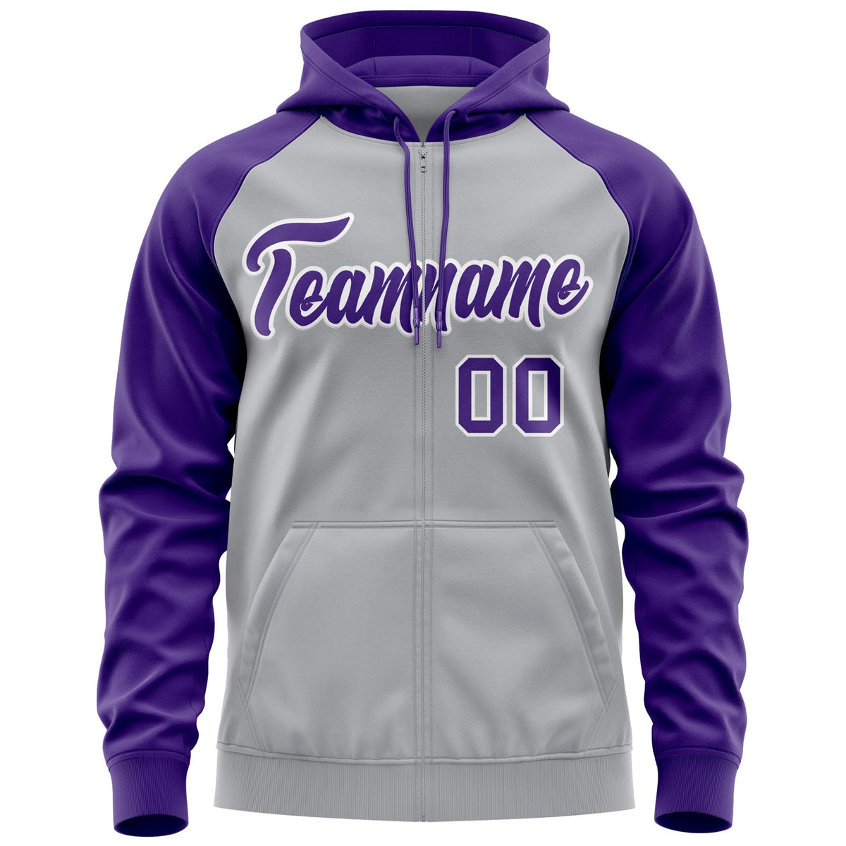 Custom Stitched Gray Purple-White Raglan Sleeves Sports Full-Zip Sweatshirt Hoodie| KXKSHOP