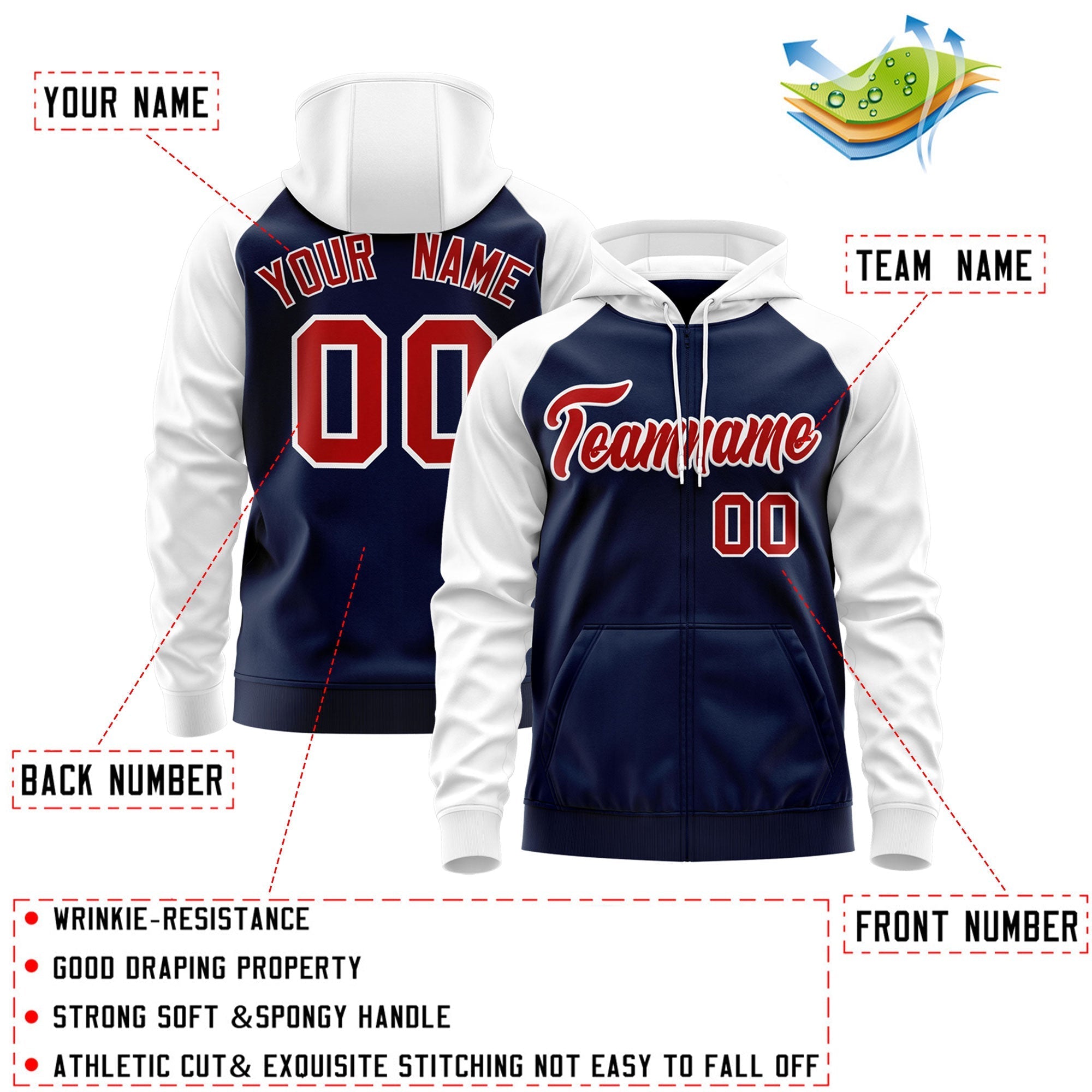 Custom Stitched Navy Red-White Raglan Sleeves Sports Full-Zip Sweatshirt Hoodie| KXKSHOP