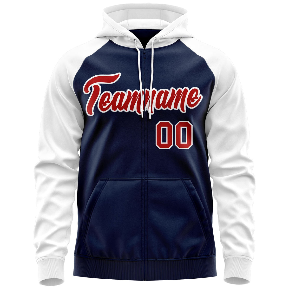 Custom Stitched Navy Red-White Raglan Sleeves Sports Full-Zip Sweatshirt Hoodie| KXKSHOP