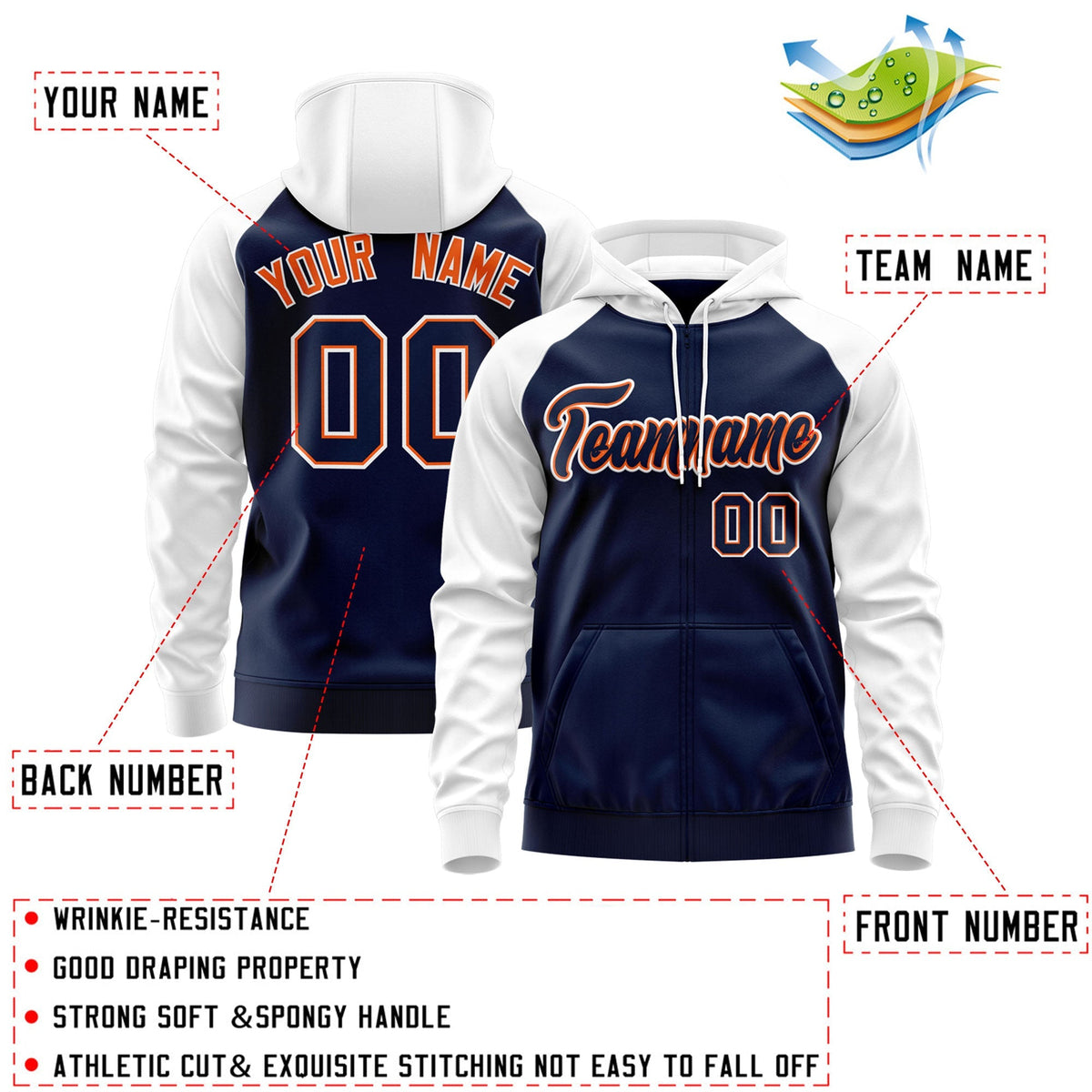 Custom Stitched Navy Orange-White Raglan Sleeves Sports Full-Zip Sweatshirt Hoodie| KXKSHOP