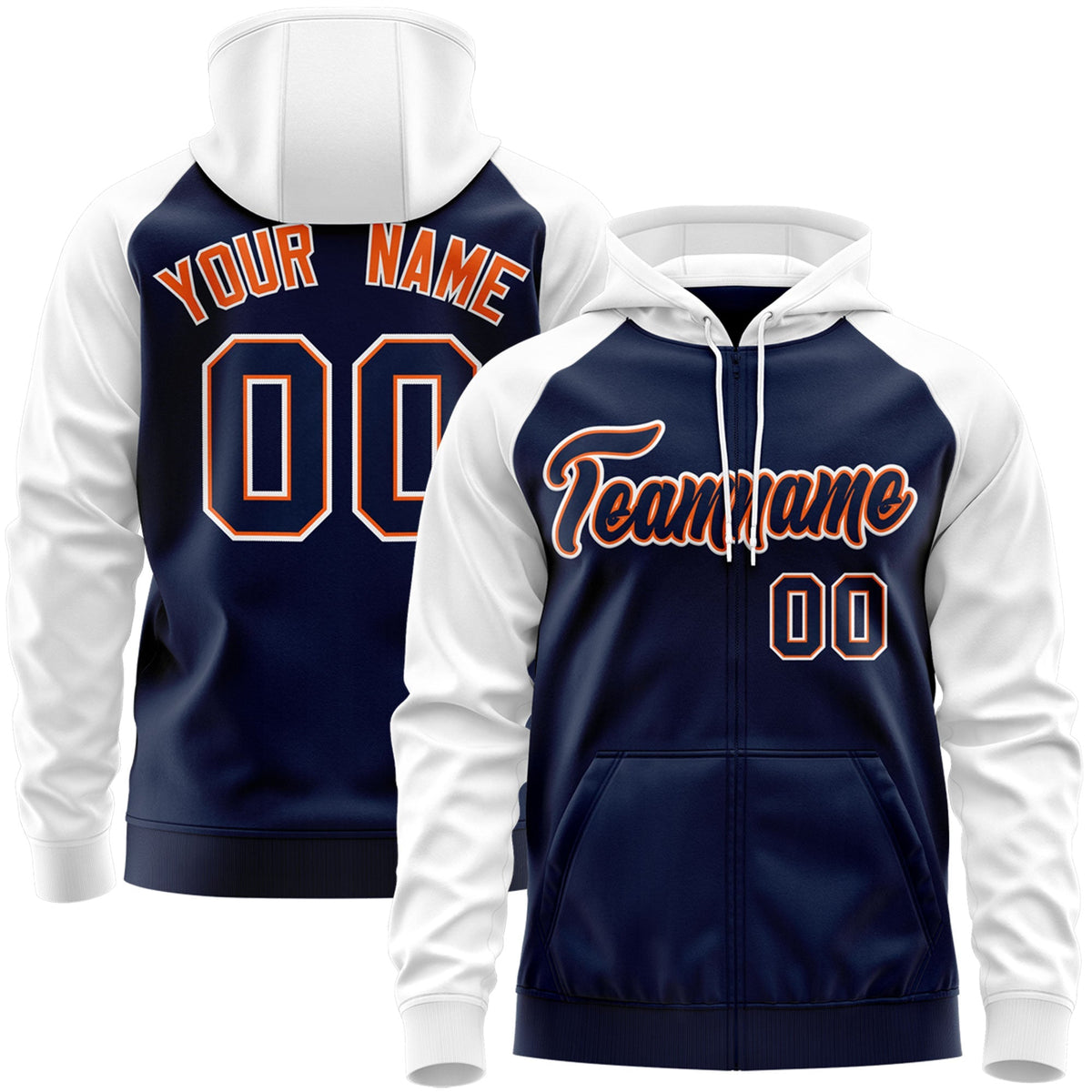 Custom Stitched Navy Orange-White Raglan Sleeves Sports Full-Zip Sweatshirt Hoodie| KXKSHOP