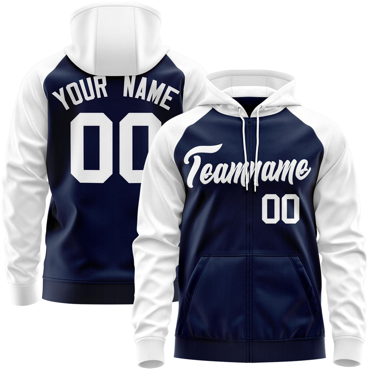 Custom Stitched Navy White Raglan Sleeves Sports Full-Zip Sweatshirt Hoodie| KXKSHOP