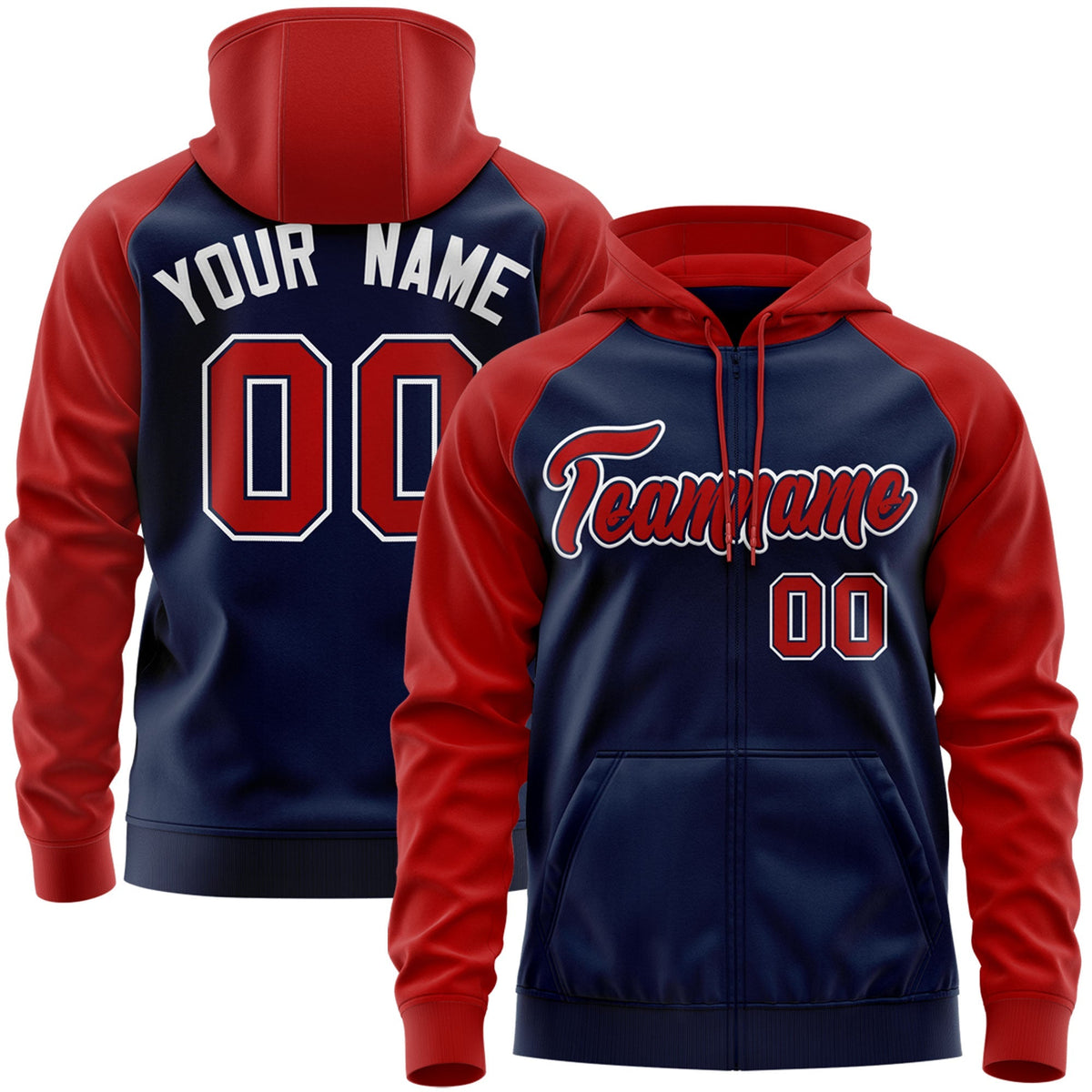 Custom Stitched Navy Red-White Raglan Sleeves Sports Full-Zip Sweatshirt Hoodie| KXKSHOP