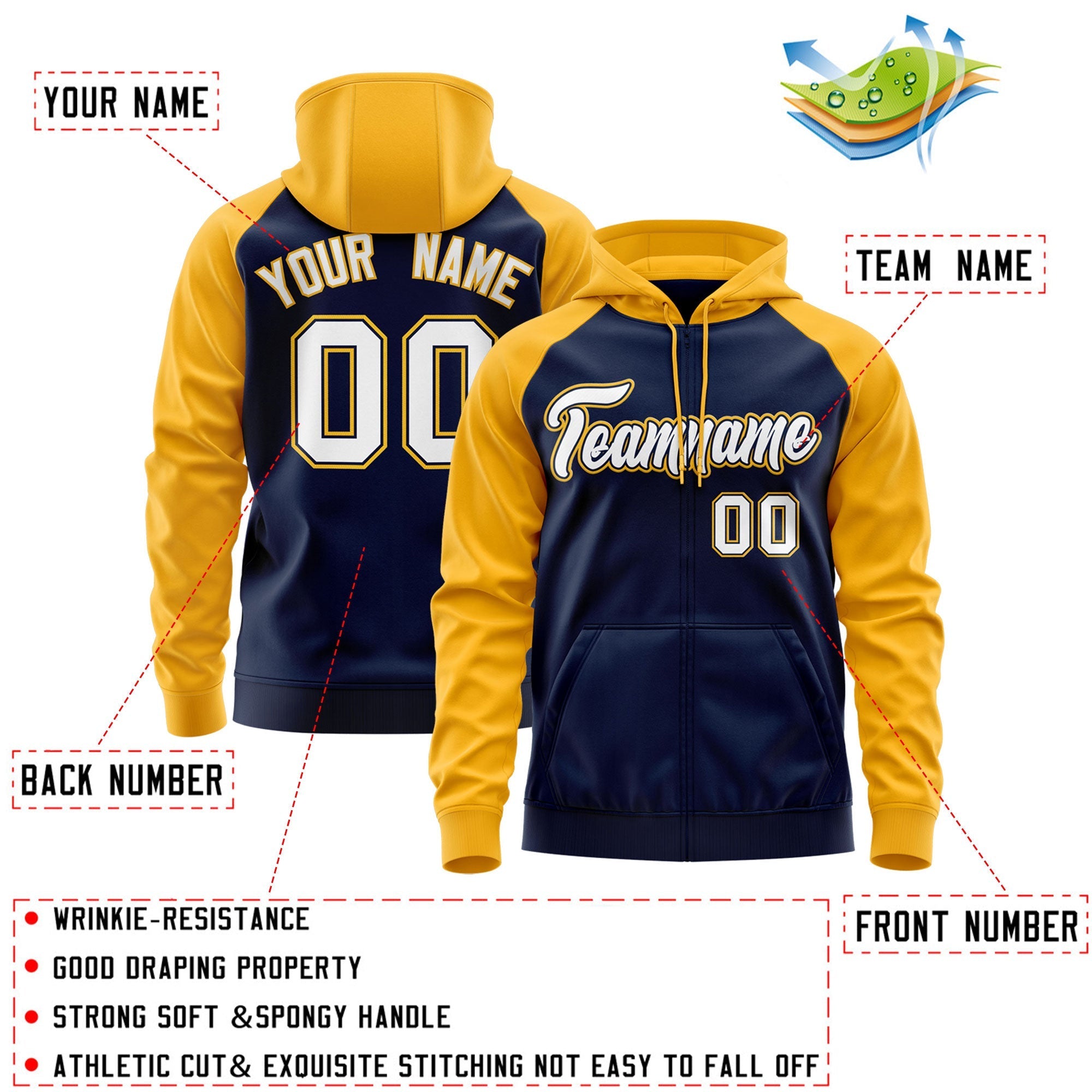 Custom Stitched Navy White-Gold Raglan Sleeves Sports Full-Zip Sweatshirt Hoodie| KXKSHOP
