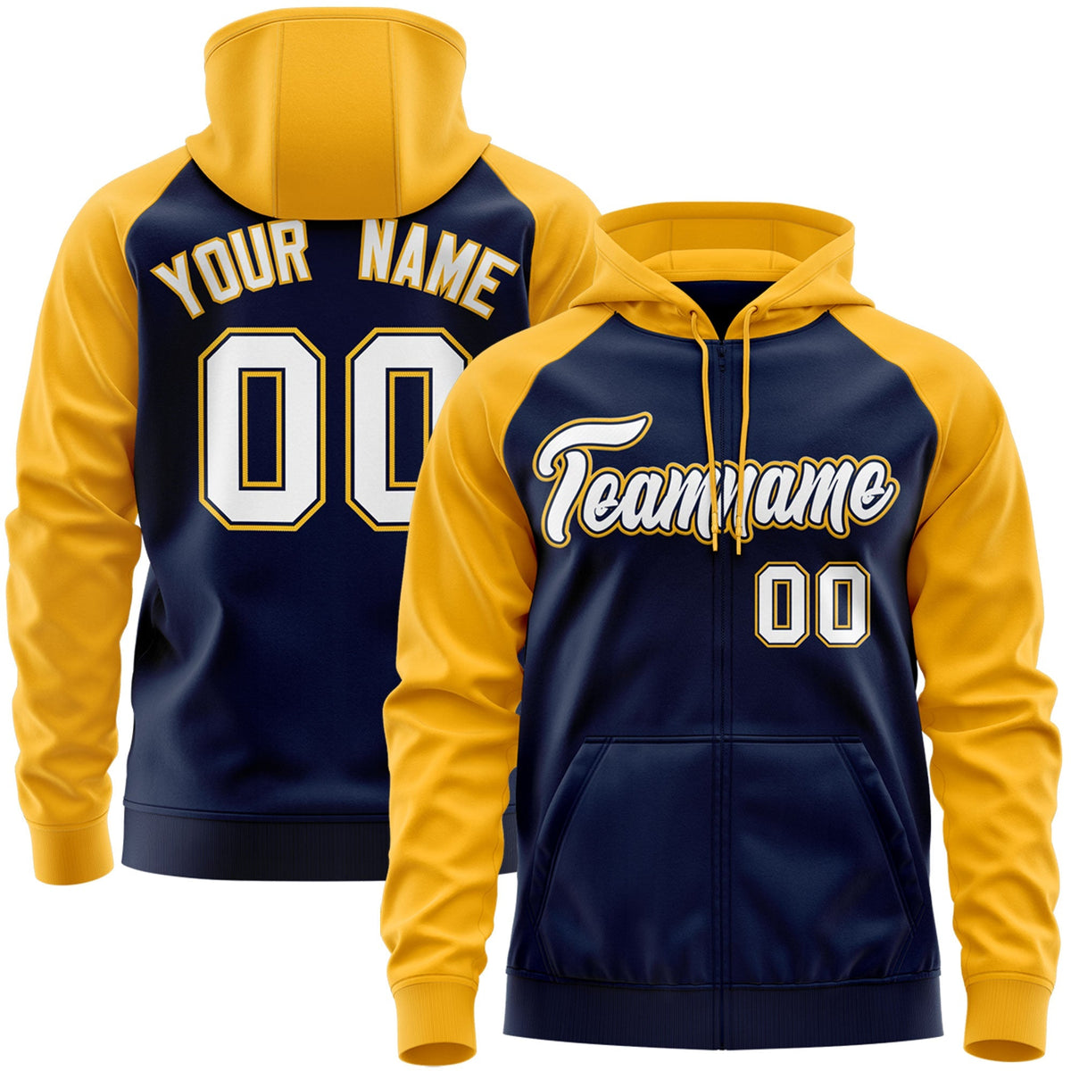 Custom Stitched Navy White-Gold Raglan Sleeves Sports Full-Zip Sweatshirt Hoodie| KXKSHOP