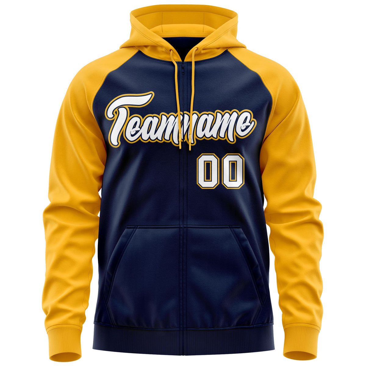 Custom Stitched Navy White-Gold Raglan Sleeves Sports Full-Zip Sweatshirt Hoodie| KXKSHOP