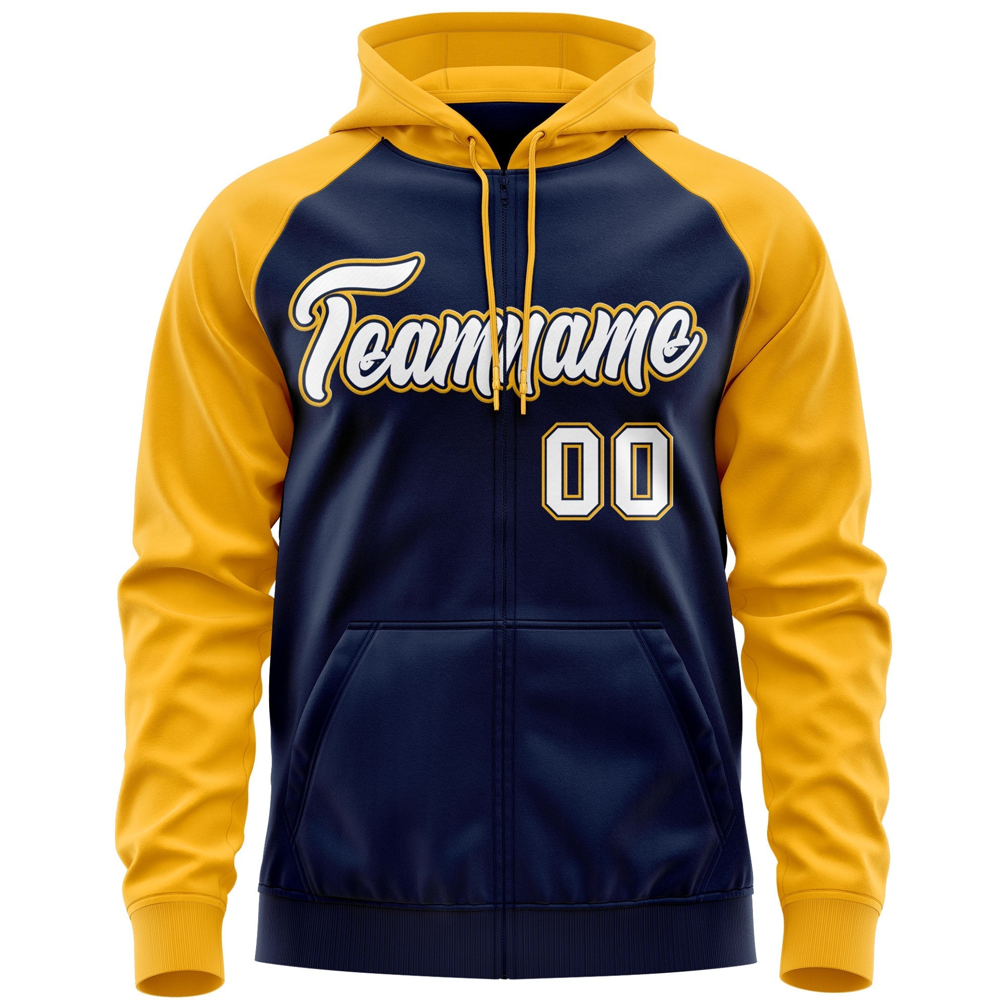 Custom Stitched Navy White-Gold Raglan Sleeves Sports Full-Zip Sweatshirt Hoodie| KXKSHOP