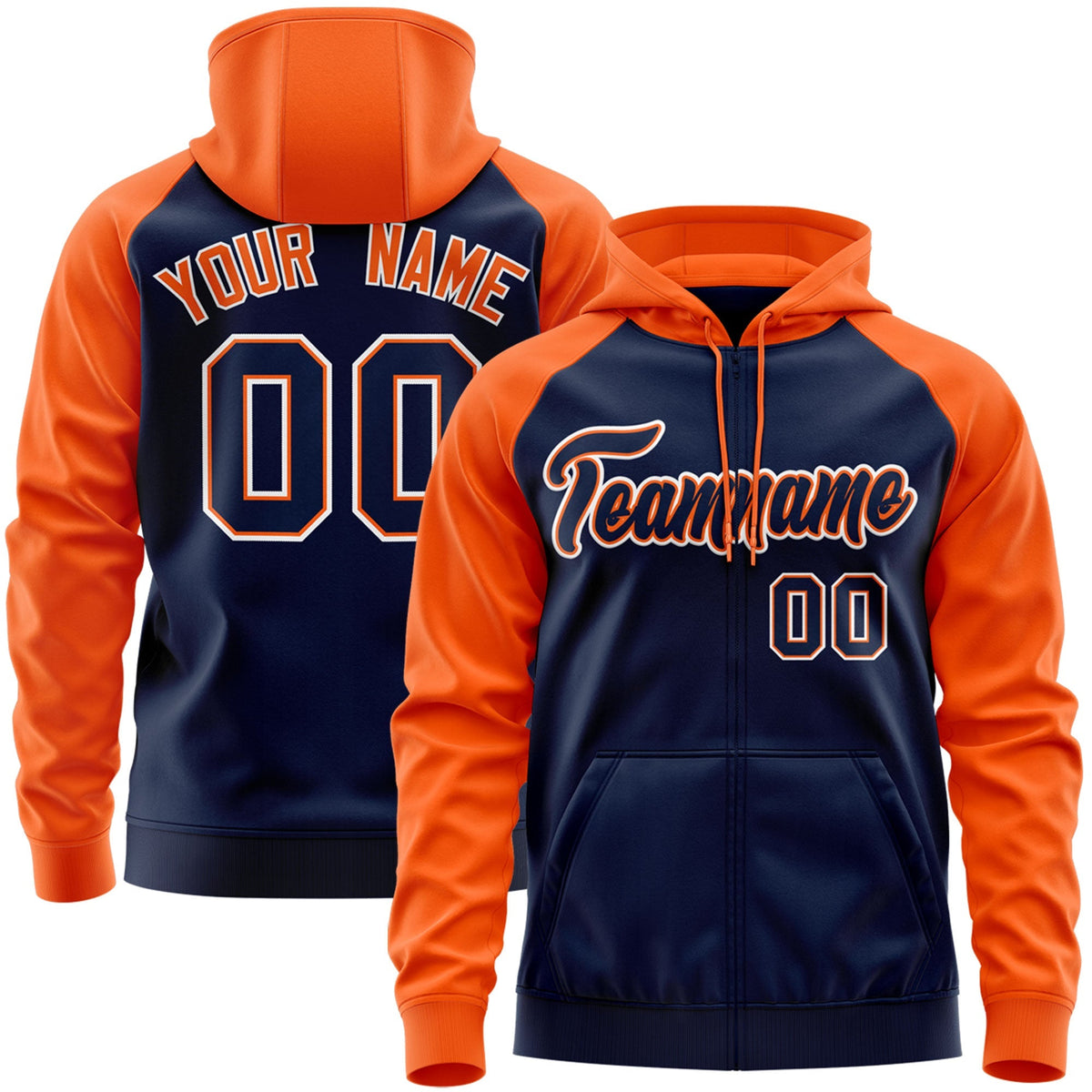 Custom Stitched Navy Orange-White Raglan Sleeves Sports Full-Zip Sweatshirt Hoodie| KXKSHOP