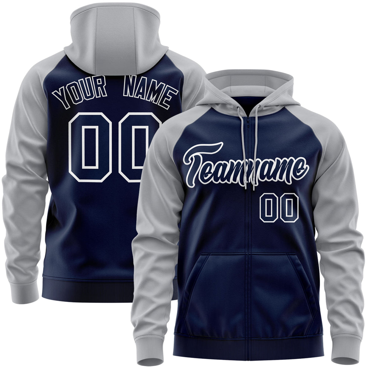 Custom Stitched Navy White-Gray Raglan Sleeves Sports Full-Zip Sweatshirt Hoodie| KXKSHOP