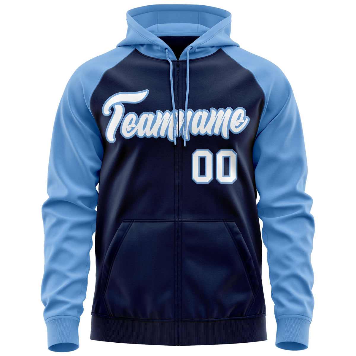 Custom Stitched Navy White-Powder Blue Raglan Sleeves Sports Full-Zip Sweatshirt Hoodie| KXKSHOP