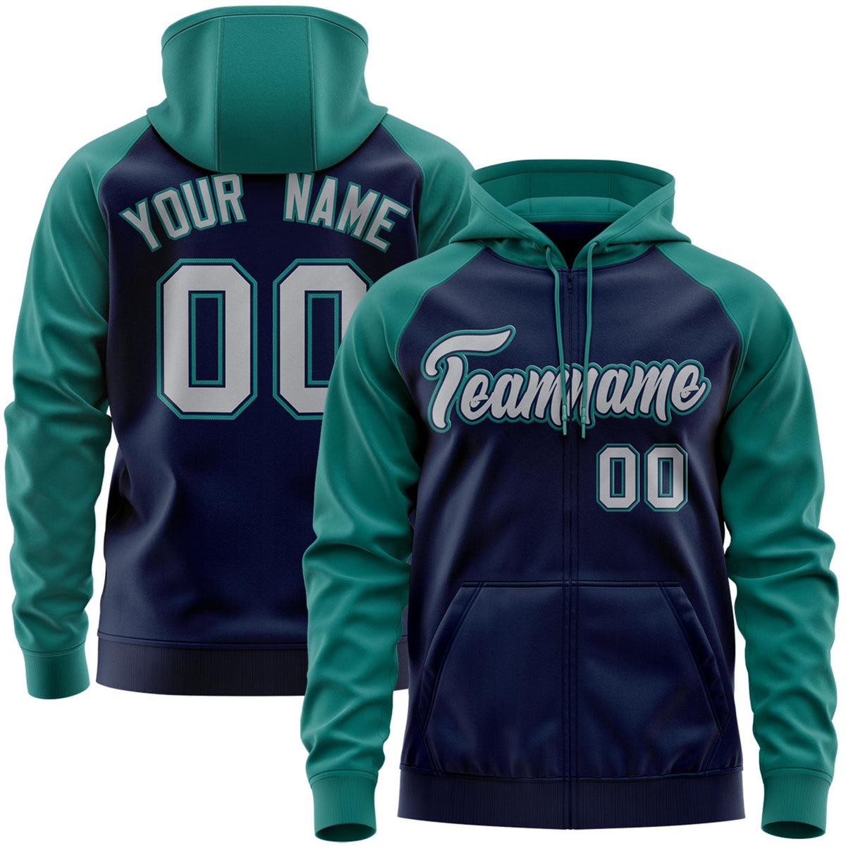 Custom Stitched Navy Gray-Aqua Raglan Sleeves Sports Full-Zip Sweatshirt Hoodie| KXKSHOP