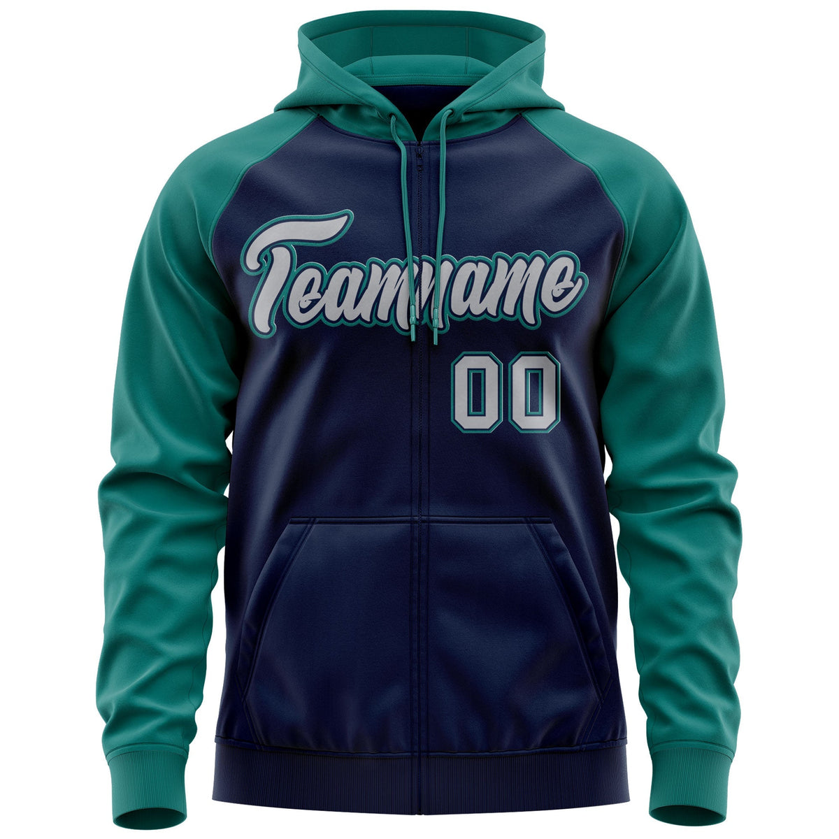 Custom Stitched Navy Gray-Aqua Raglan Sleeves Sports Full-Zip Sweatshirt Hoodie| KXKSHOP