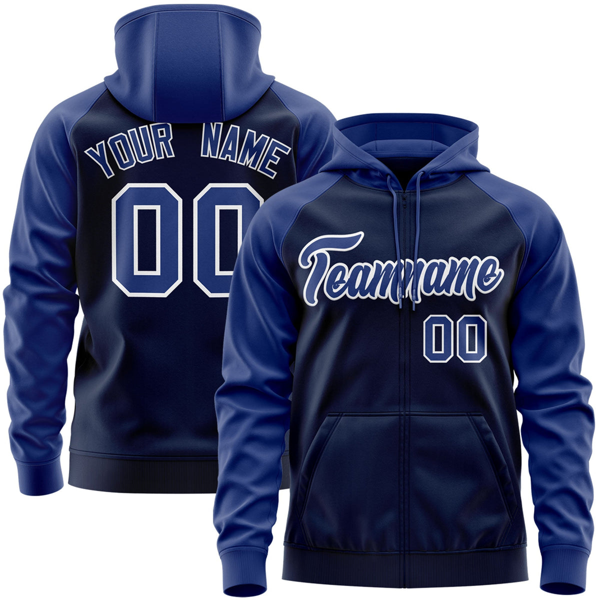 Custom Stitched Navy Royal-White Raglan Sleeves Sports Full-Zip Sweatshirt Hoodie| KXKSHOP