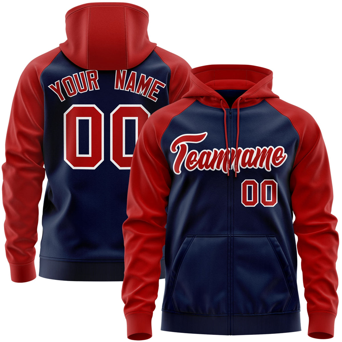 Custom Stitched Navy Red-White Raglan Sleeves Sports Full-Zip Sweatshirt Hoodie| KXKSHOP