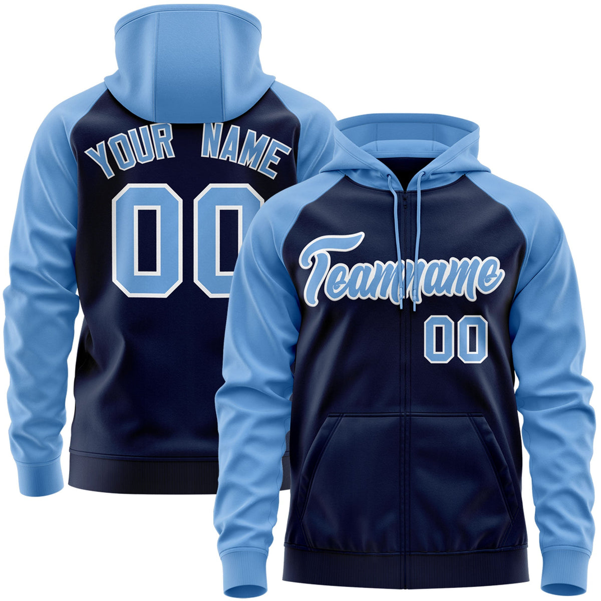 Custom Stitched Navy Powder Blue-White Raglan Sleeves Sports Full-Zip Sweatshirt Hoodie| KXKSHOP