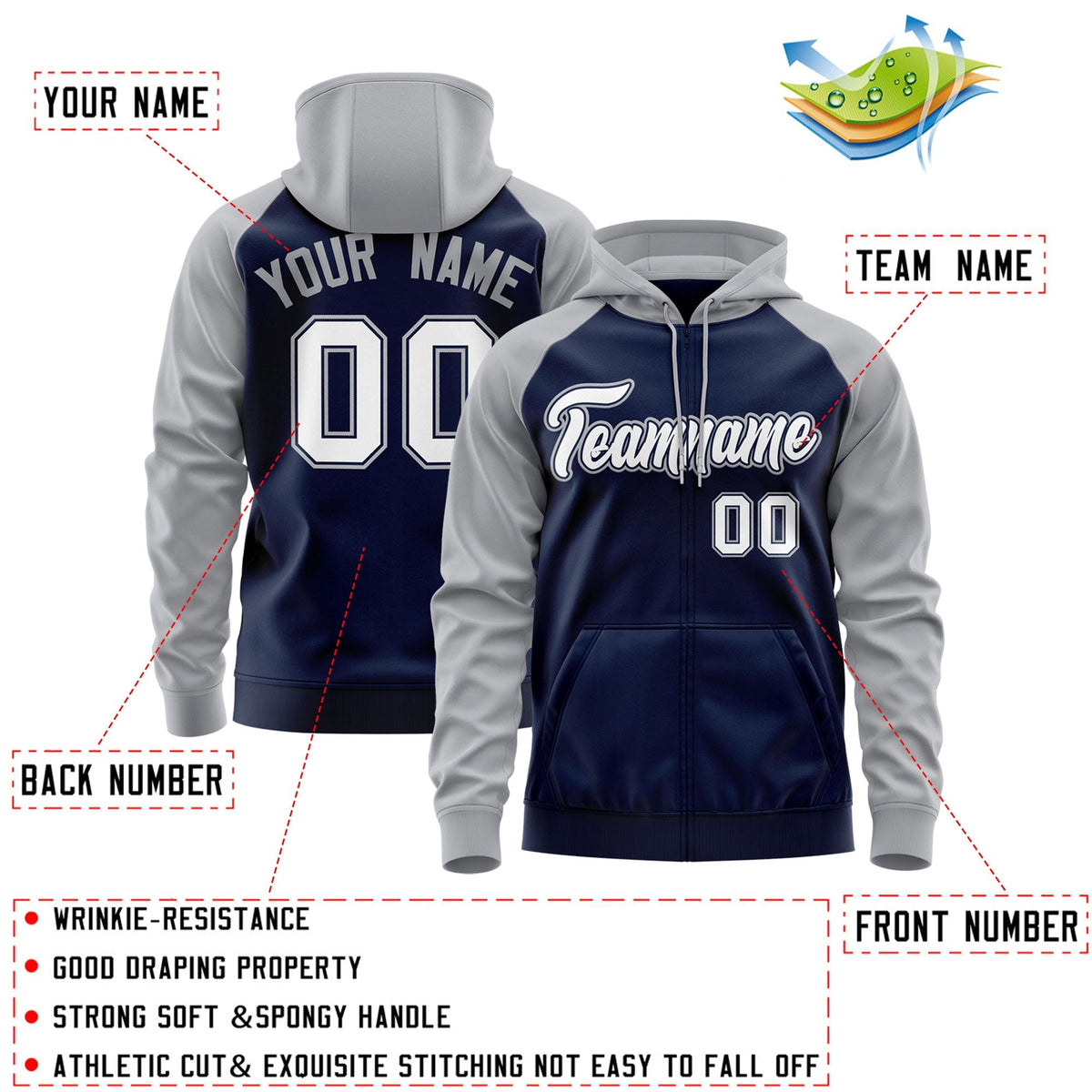Custom Stitched Navy White-Gray Raglan Sleeves Sports Full-Zip Sweatshirt Hoodie| KXKSHOP