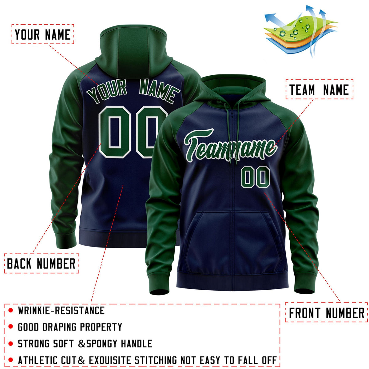 Custom Stitched Navy Green-White Raglan Sleeves Sports Full-Zip Sweatshirt Hoodie| KXKSHOP