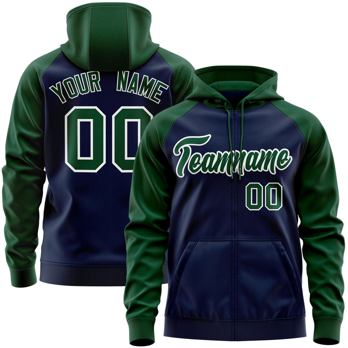 Custom Stitched Navy Green-White Raglan Sleeves Sports Full-Zip Sweatshirt Hoodie| KXKSHOP