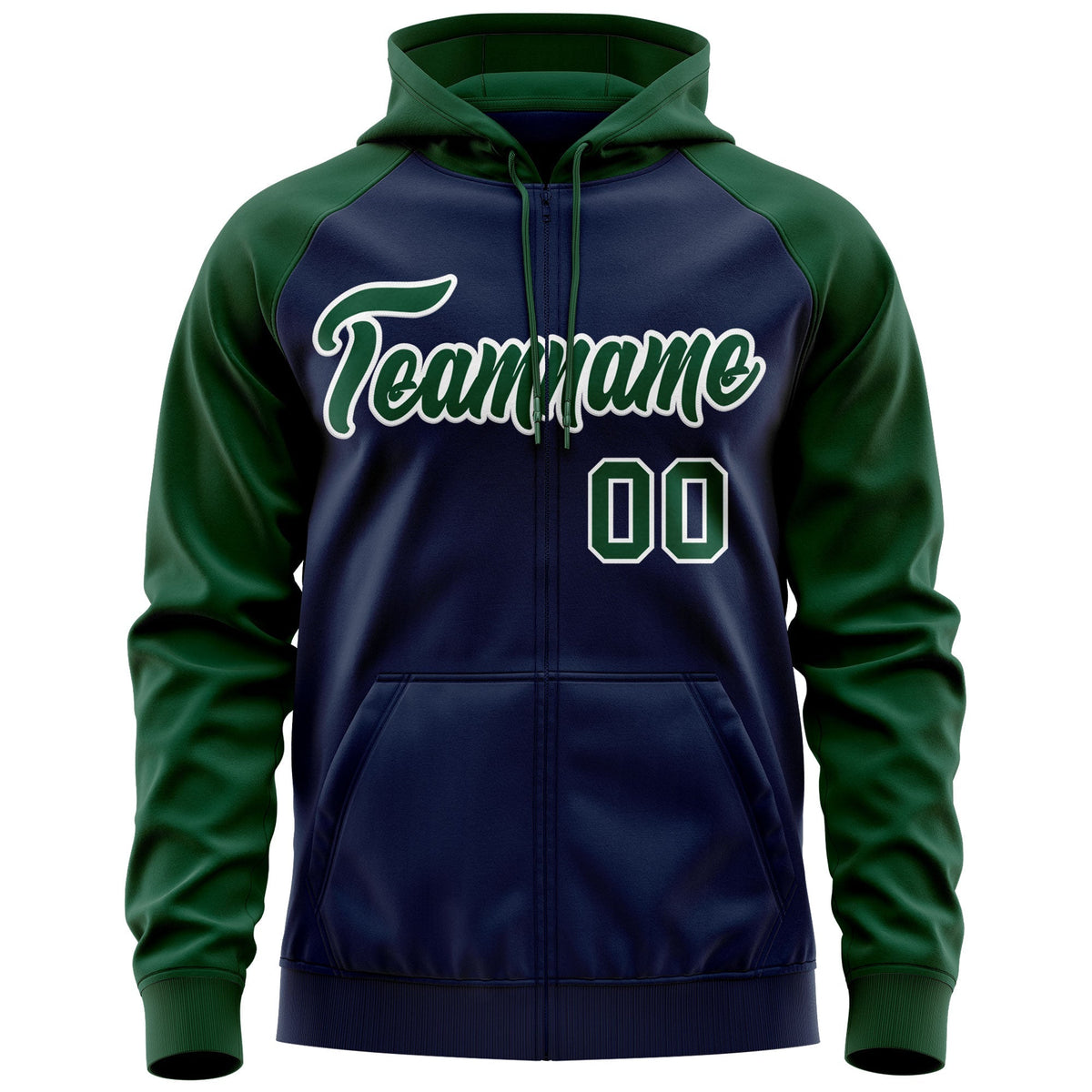 Custom Stitched Navy Green-White Raglan Sleeves Sports Full-Zip Sweatshirt Hoodie| KXKSHOP