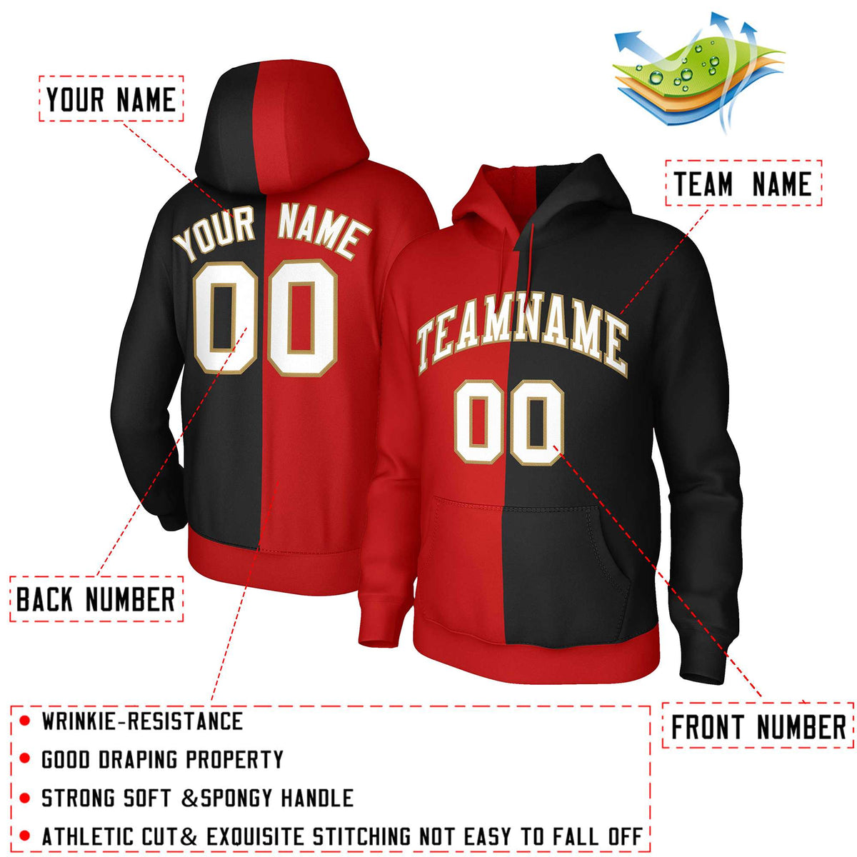 Custom Red Black White-Old Gold Split Fashion Stitched Sportwear Pullover Hoodie| KXKSHOP