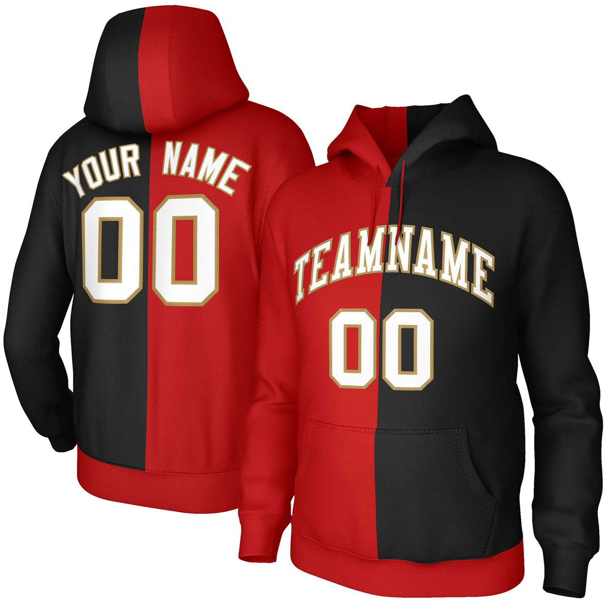 Custom Red Black White-Old Gold Split Fashion Stitched Sportwear Pullover Hoodie| KXKSHOP