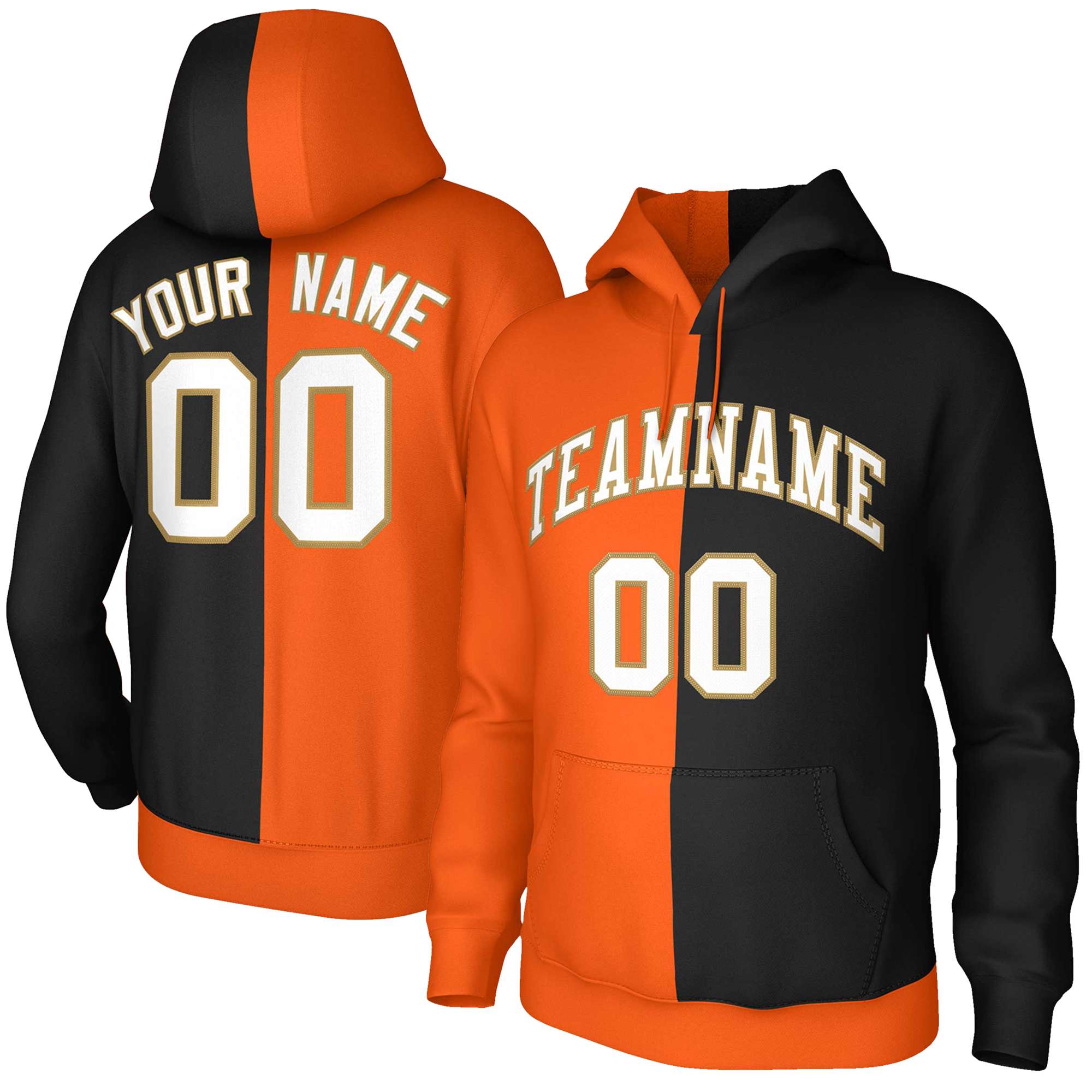 Custom Orange Black White-Old Gold Split Fashion Stitched Sportwear Pullover Hoodie| KXKSHOP