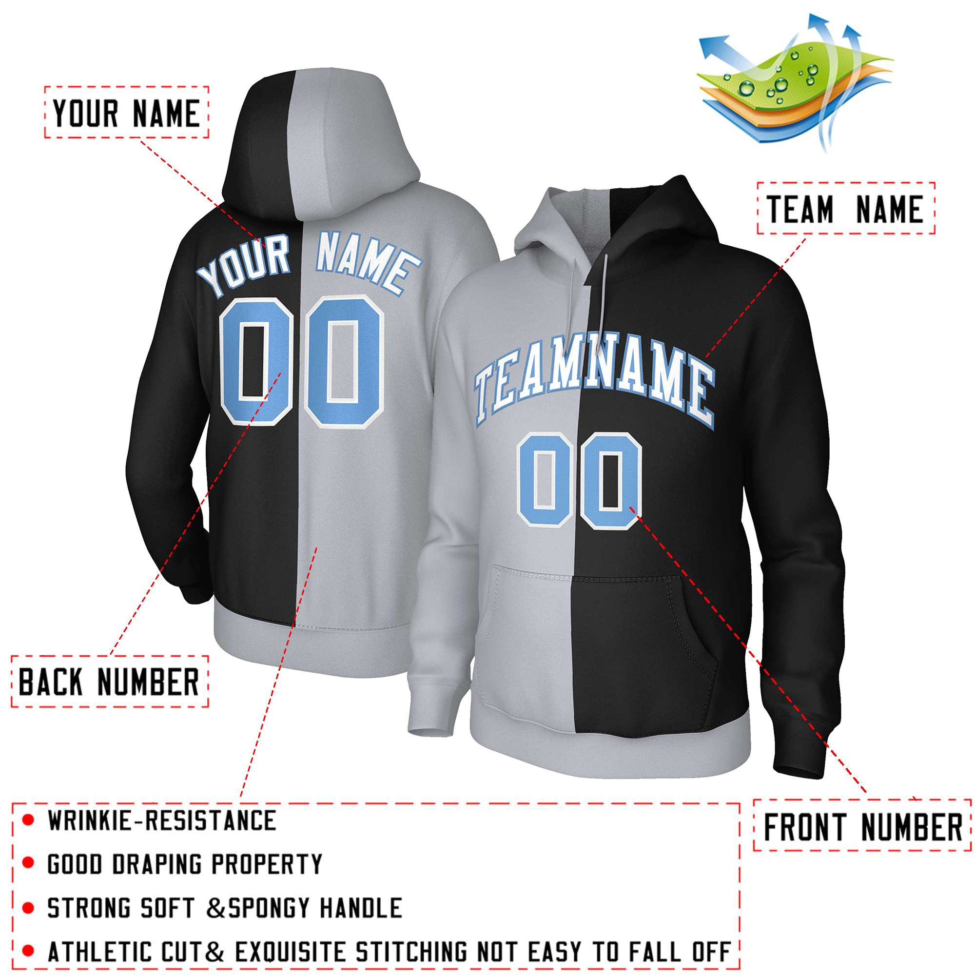 Custom Gray Black White-Light Blue Split Fashion Stitched Sportwear Pullover Hoodie| KXKSHOP