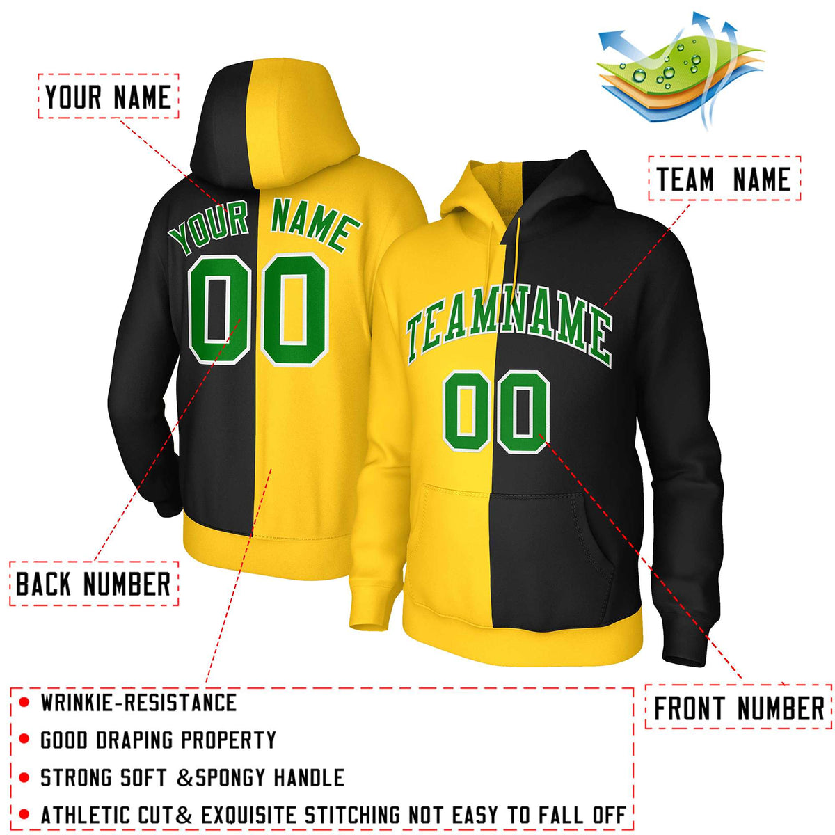 Custom Gold Black Kelly Green-White Split Fashion Stitched Sportwear Pullover Hoodie| KXKSHOP