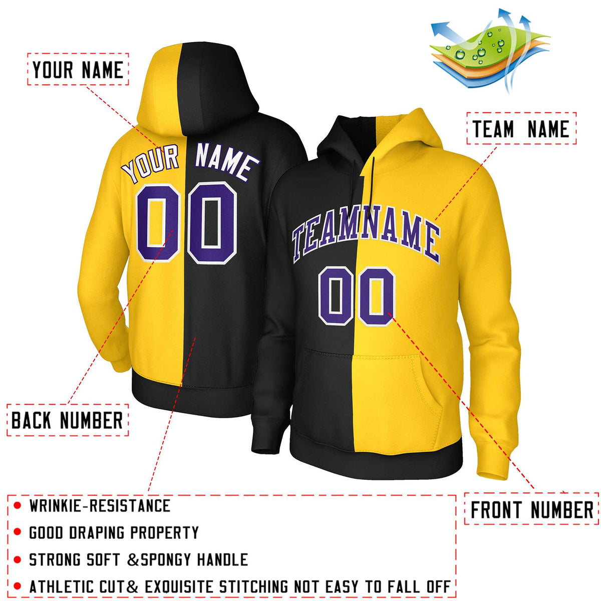 Custom Black Gold Purple-White Split Fashion Stitched Sportwear Pullover Hoodie| KXKSHOP