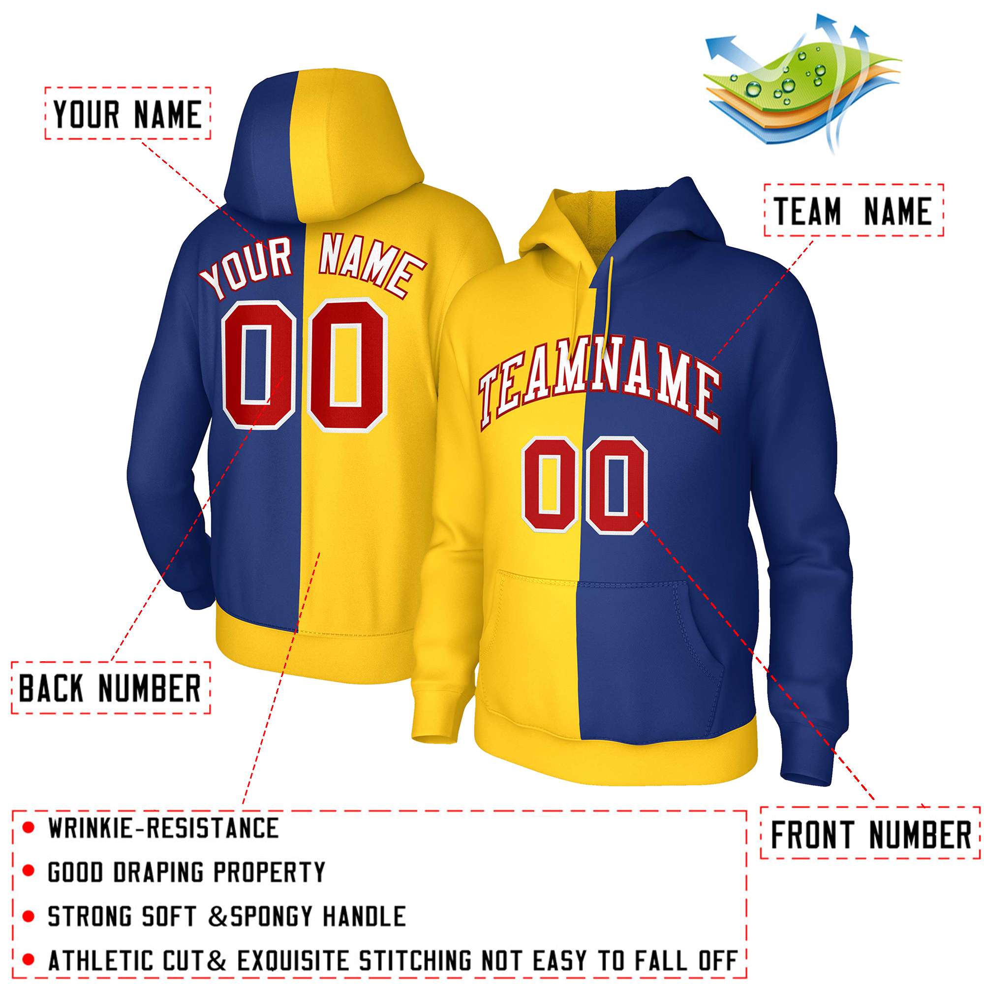 Custom Gold Royal White-Red Split Fashion Stitched Sportwear Pullover Hoodie| KXKSHOP