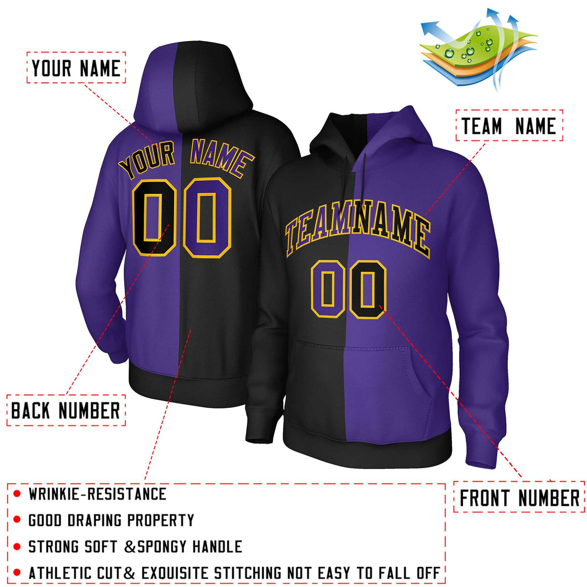Custom Black Purple Purple-Gold Split Fashion Stitched Sportwear Pullover Hoodie| KXKSHOP