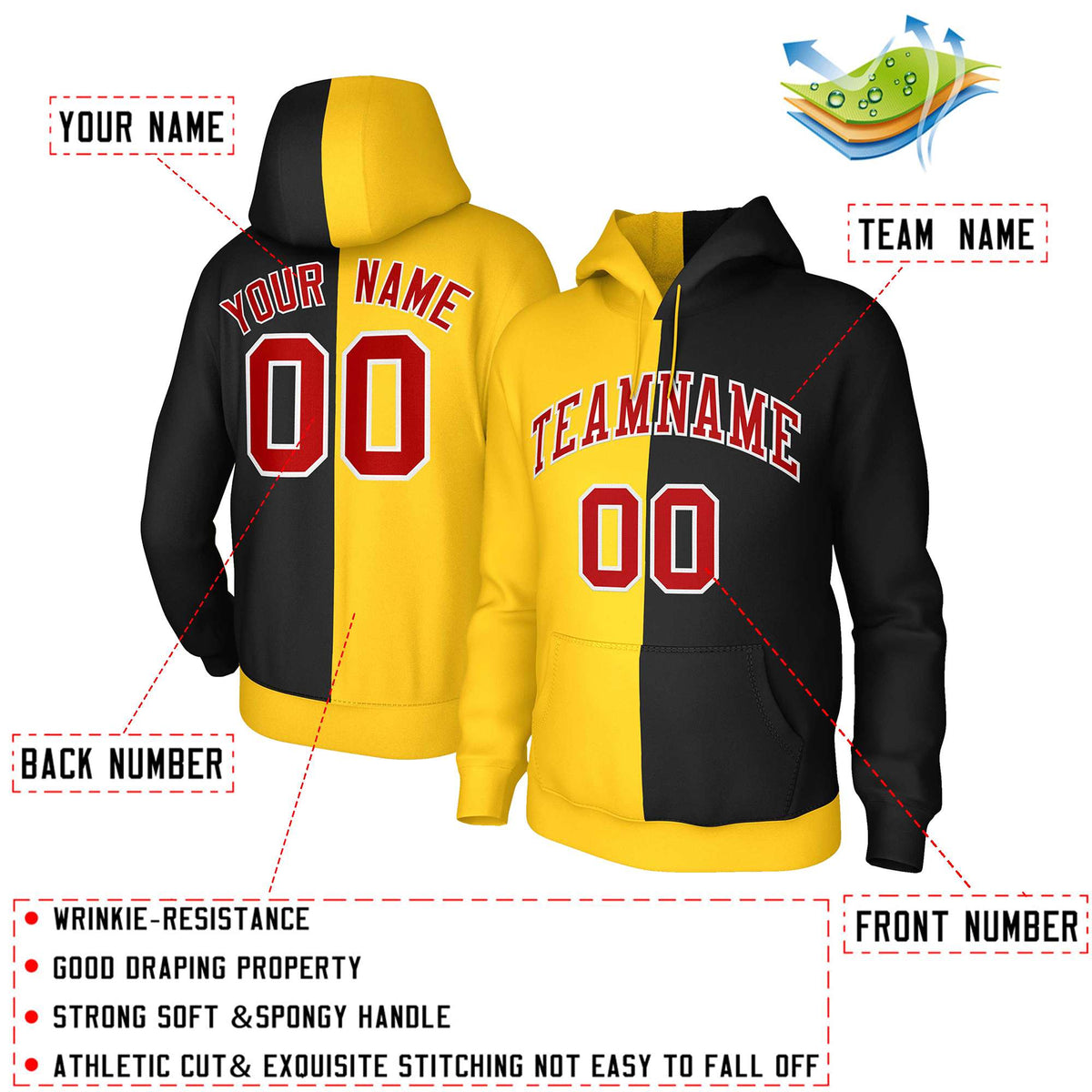 Custom Gold Black Red-White Split Fashion Stitched Sportwear Pullover Hoodie| KXKSHOP