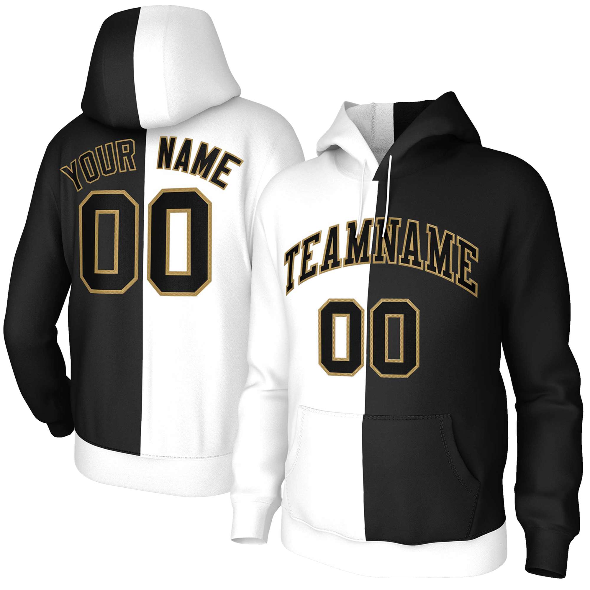 Custom White Black-Old Gold Split Fashion Stitched Sportwear Pullover Hoodie| KXKSHOP