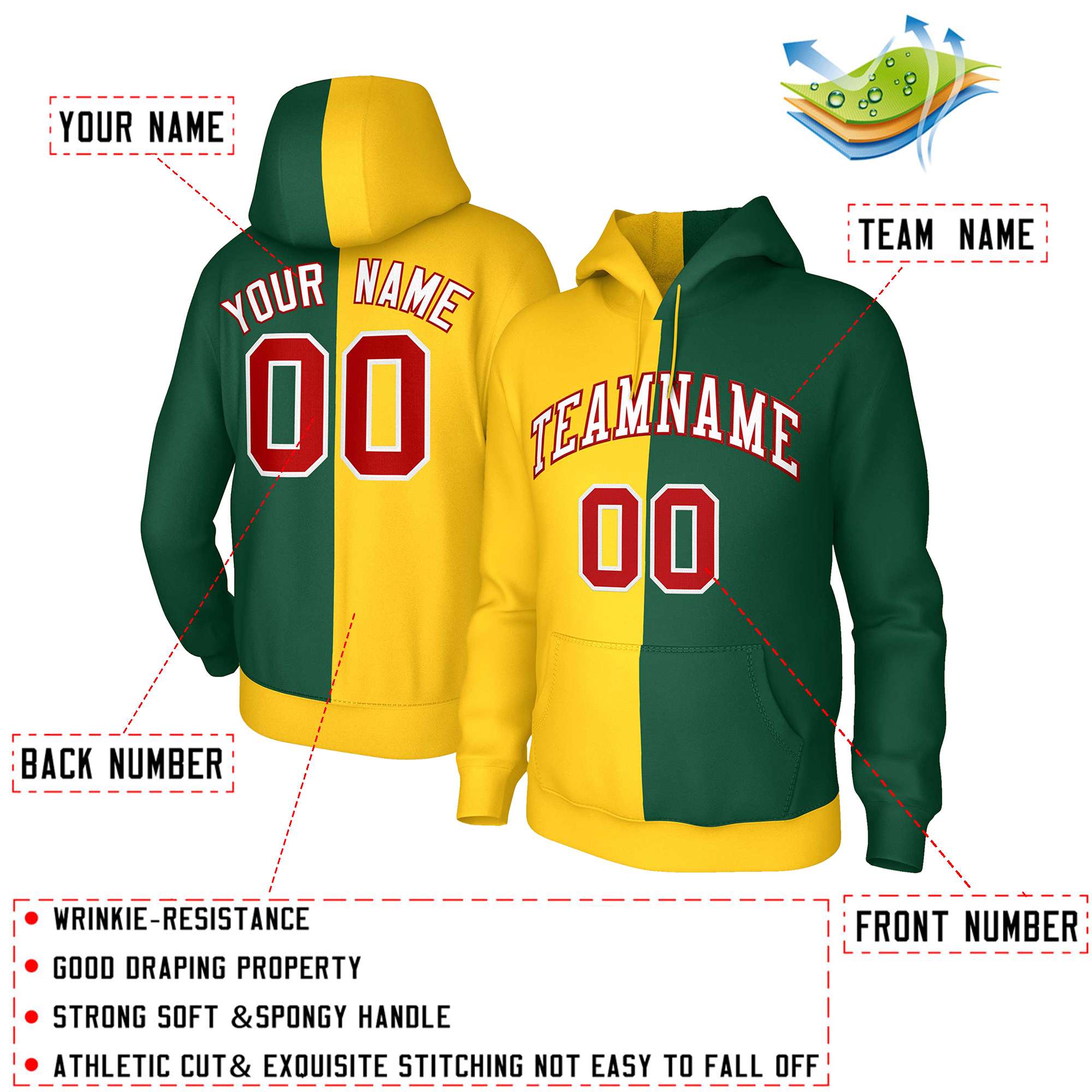 Custom Gold Green White-Red Split Fashion Stitched Sportwear Pullover Hoodie| KXKSHOP