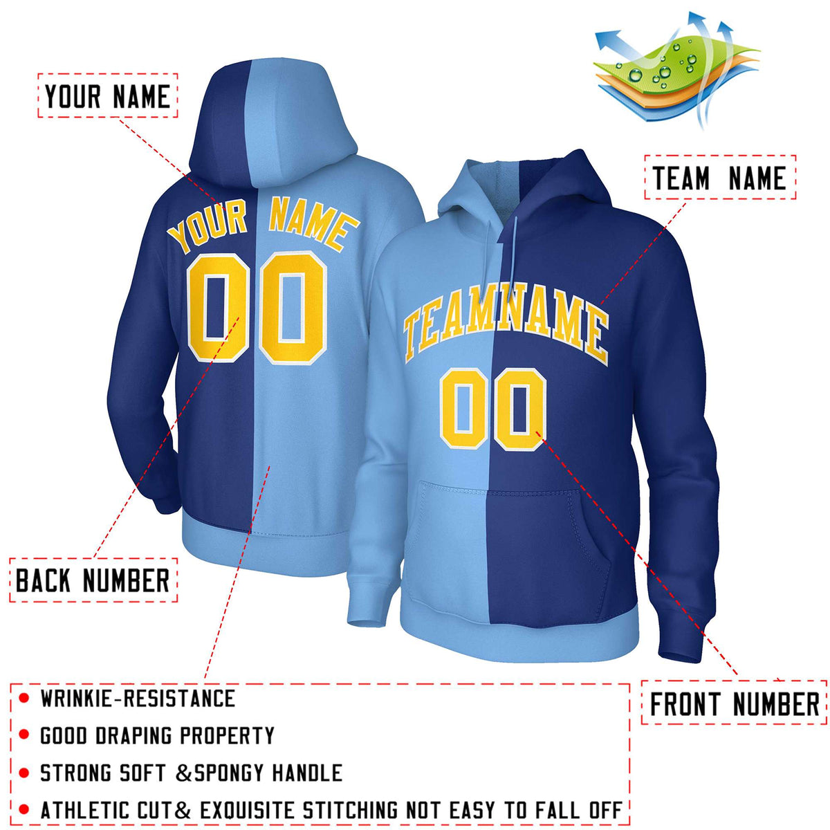 Custom Light Blue Royal Gold-White Split Fashion Stitched Sportwear Pullover Hoodie| KXKSHOP