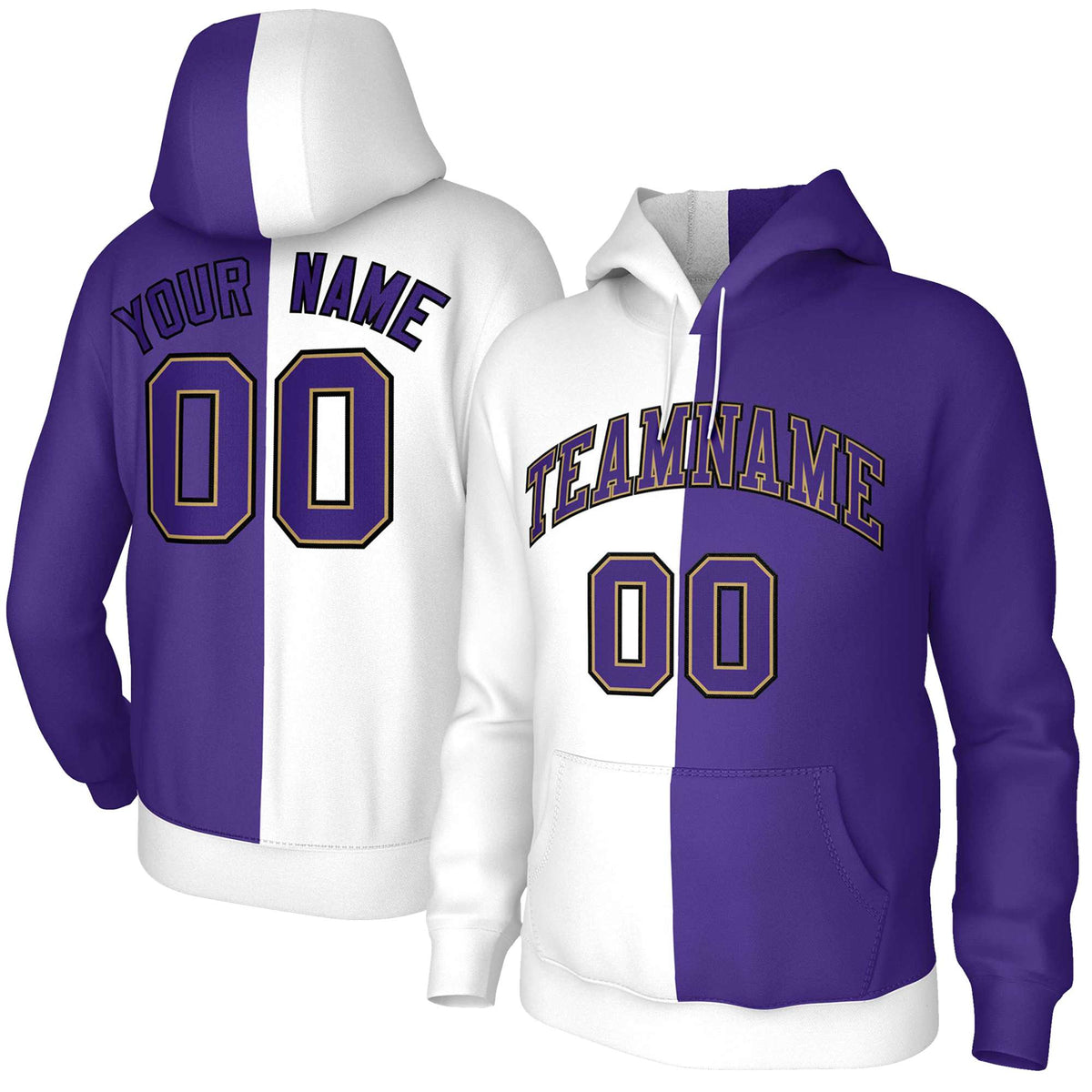 Custom White Purple Purple-Old Gold Split Fashion Stitched Sportwear Pullover Hoodie| KXKSHOP