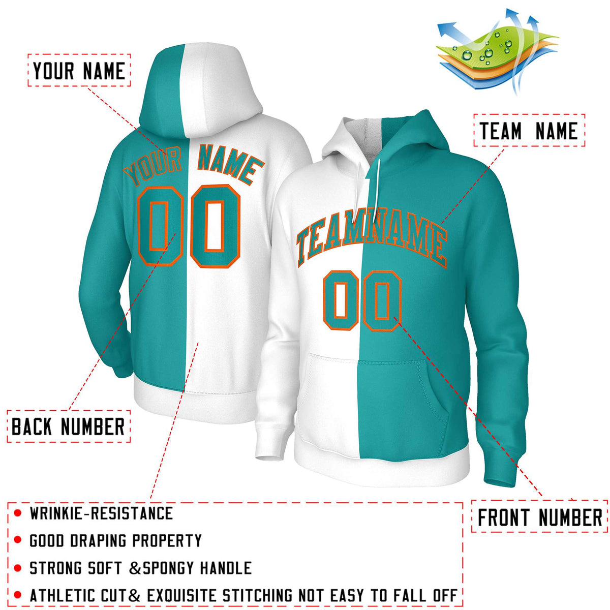 Custom White Aqua Aqua-Orange Split Fashion Stitched Sportwear Pullover Hoodie| KXKSHOP