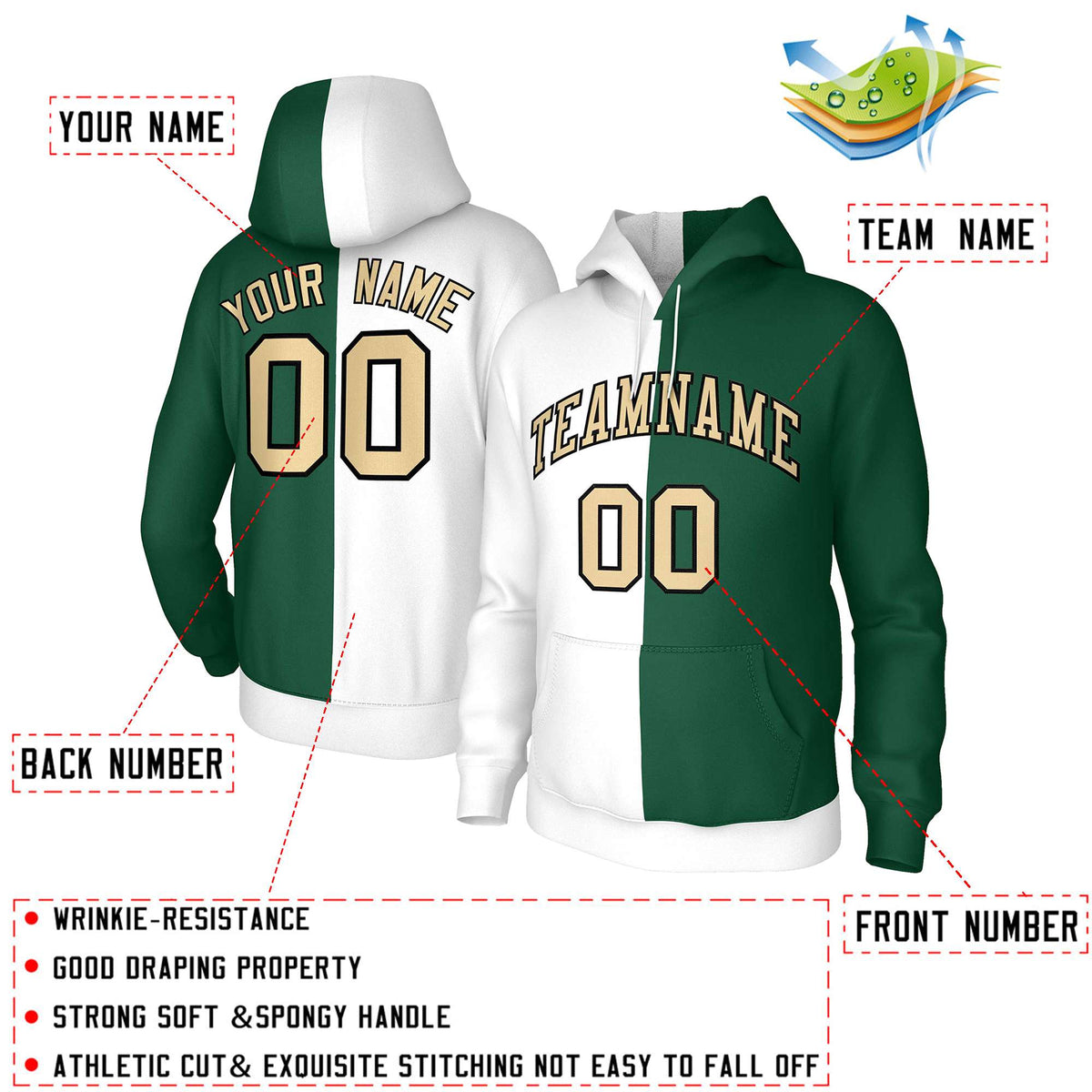 Custom White Green Khaki-Black Split Fashion Stitched Sportwear Pullover Hoodie| KXKSHOP