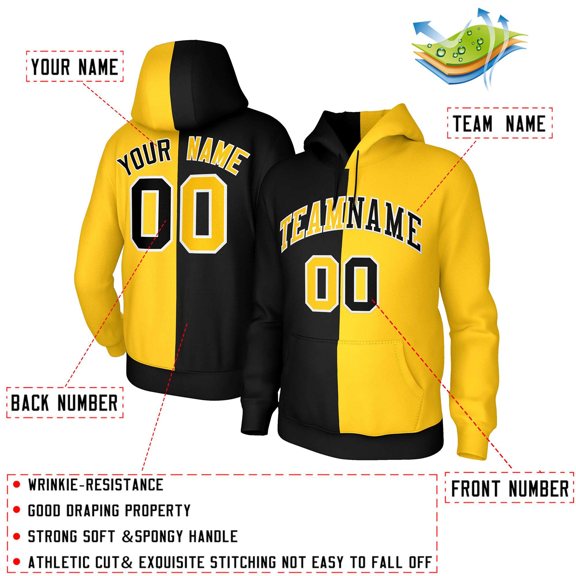 Custom Black Gold Gold-White Split Fashion Stitched Sportwear Pullover Hoodie| KXKSHOP