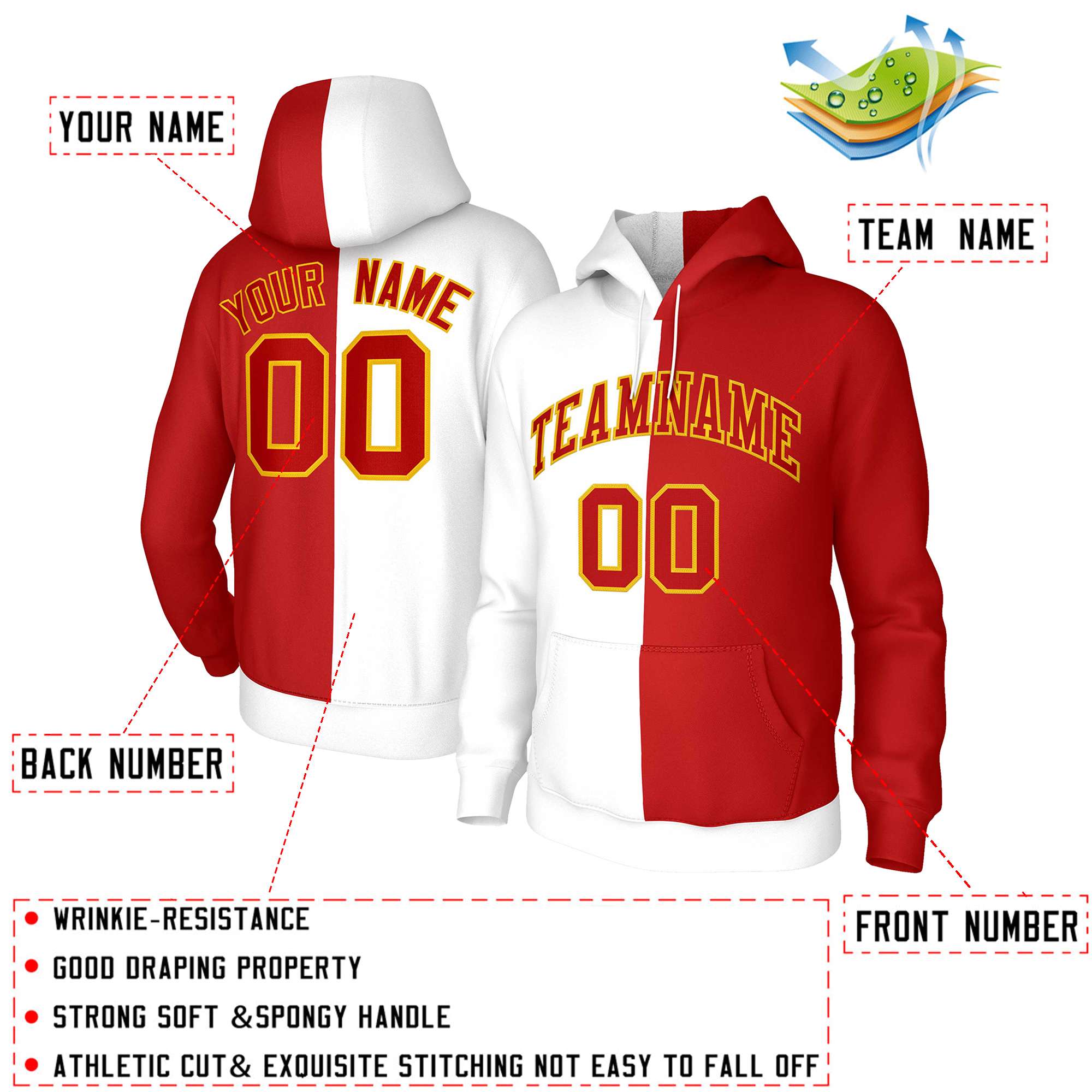 Custom White Red Red-Gold Split Fashion Stitched Sportwear Pullover Hoodie| KXKSHOP
