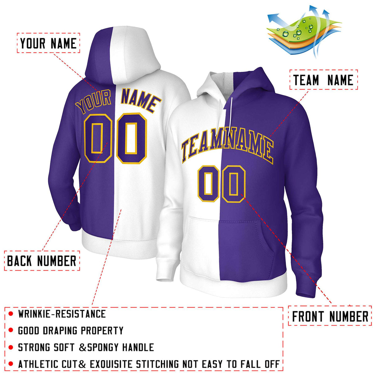 Custom White Purple Purple-Gold Split Fashion Stitched Sportwear Pullover Hoodie| KXKSHOP