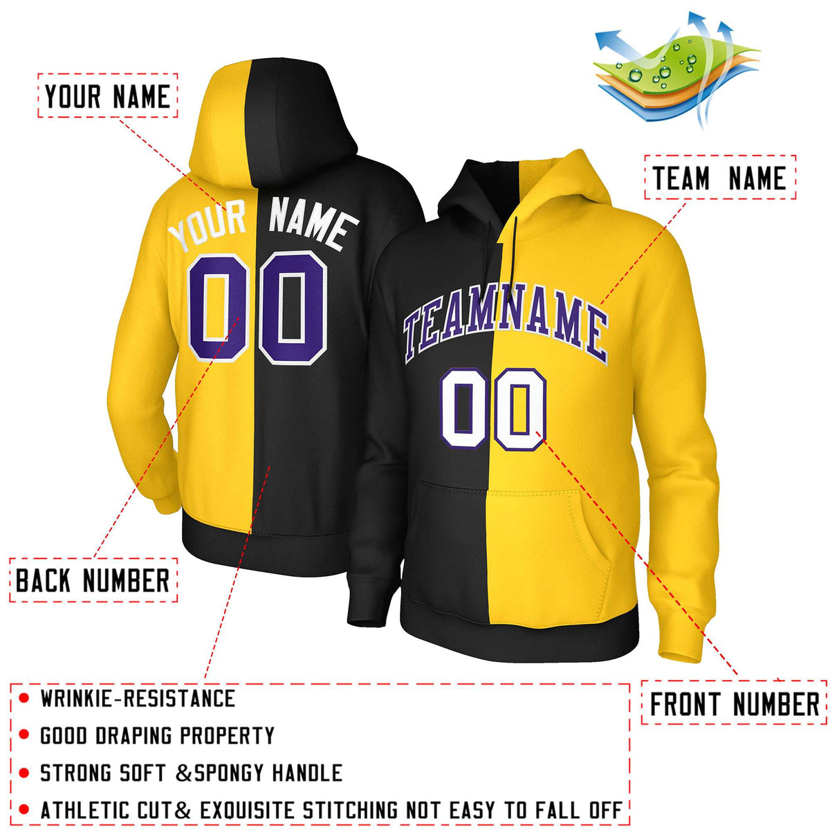 Custom Black Gold Purple-White Split Fashion Stitched Sportwear Pullover Hoodie| KXKSHOP