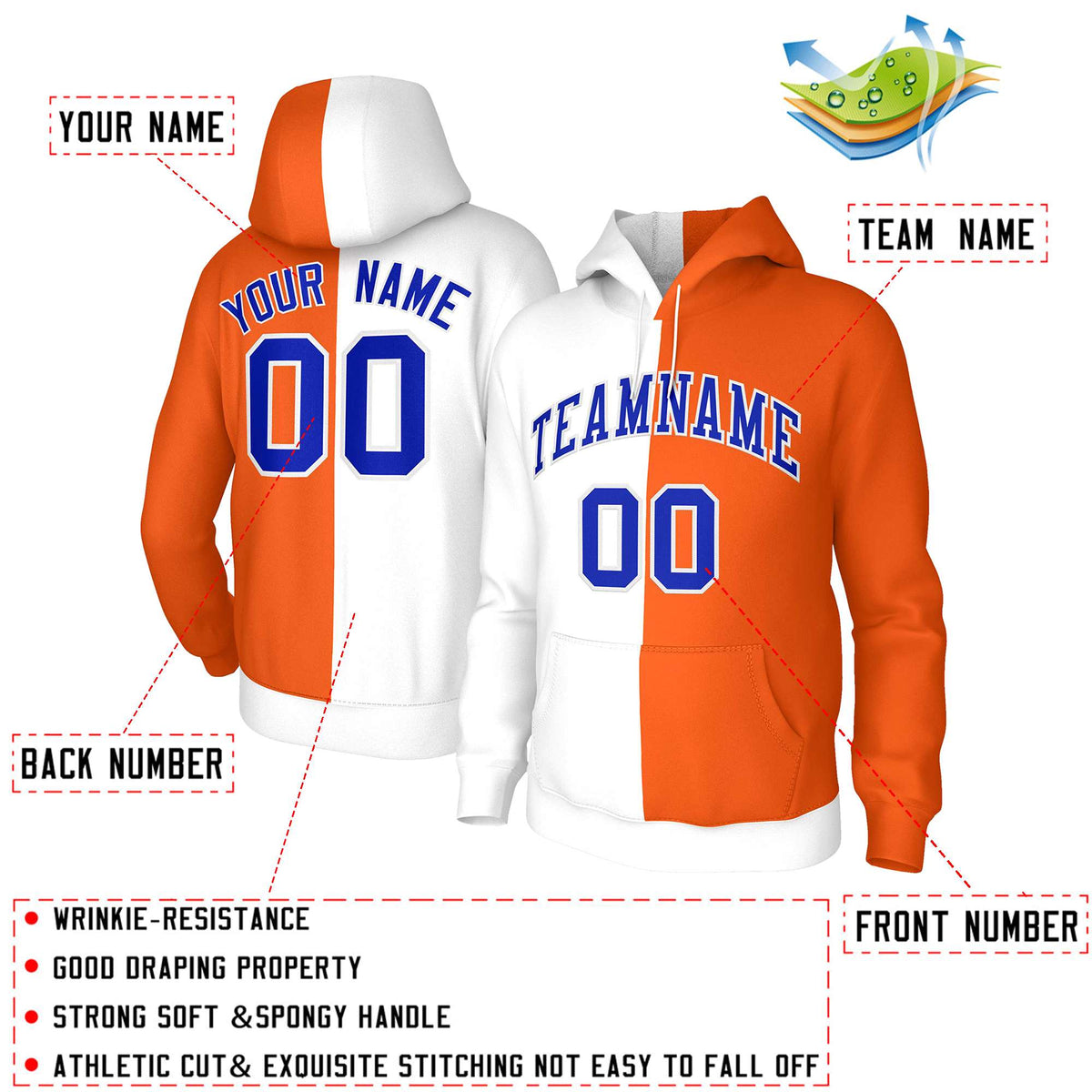 Custom White Orange Royal-White Split Fashion Stitched Sportwear Pullover Hoodie| KXKSHOP
