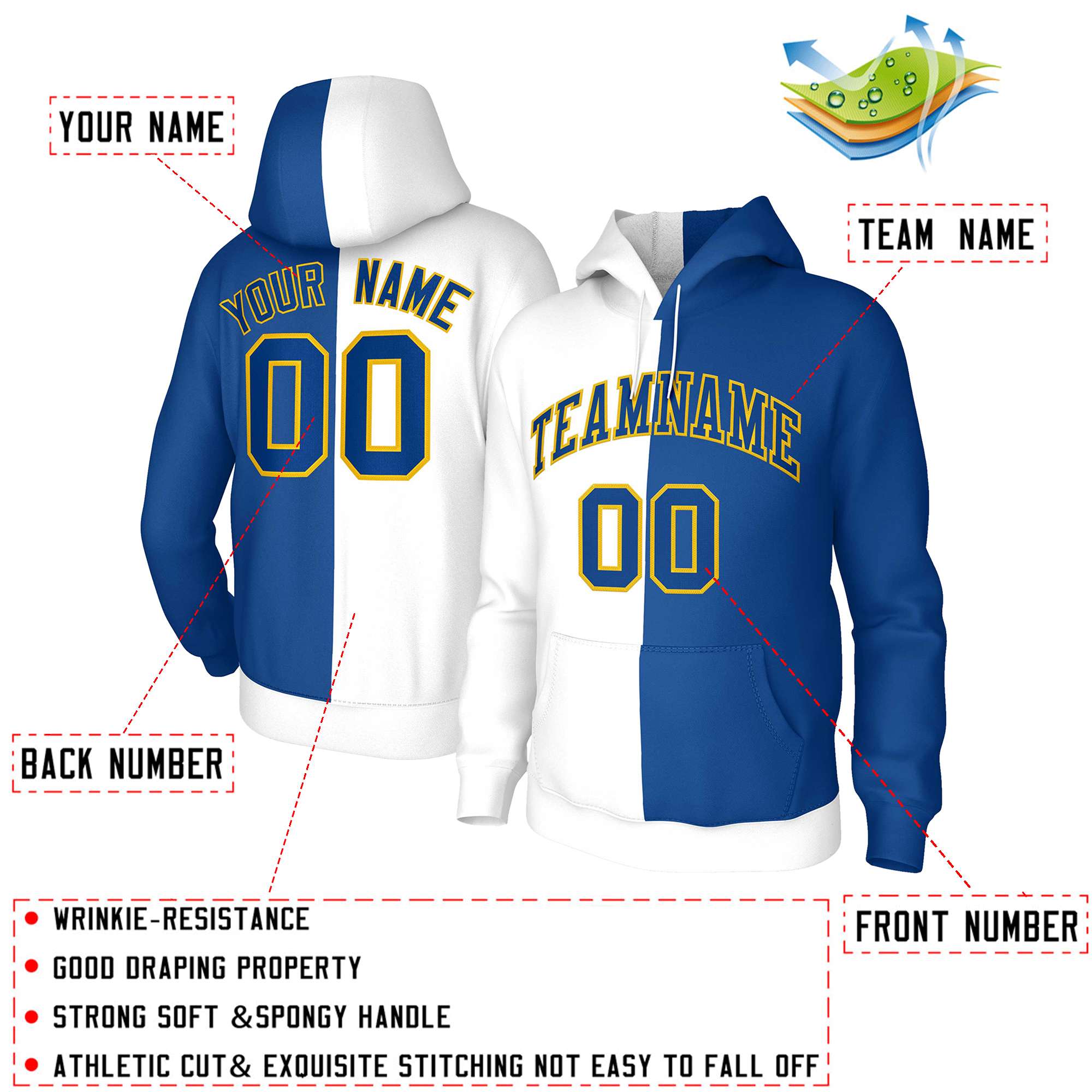 Custom White Royal Royal-Gold Split Fashion Stitched Sportwear Pullover Hoodie| KXKSHOP