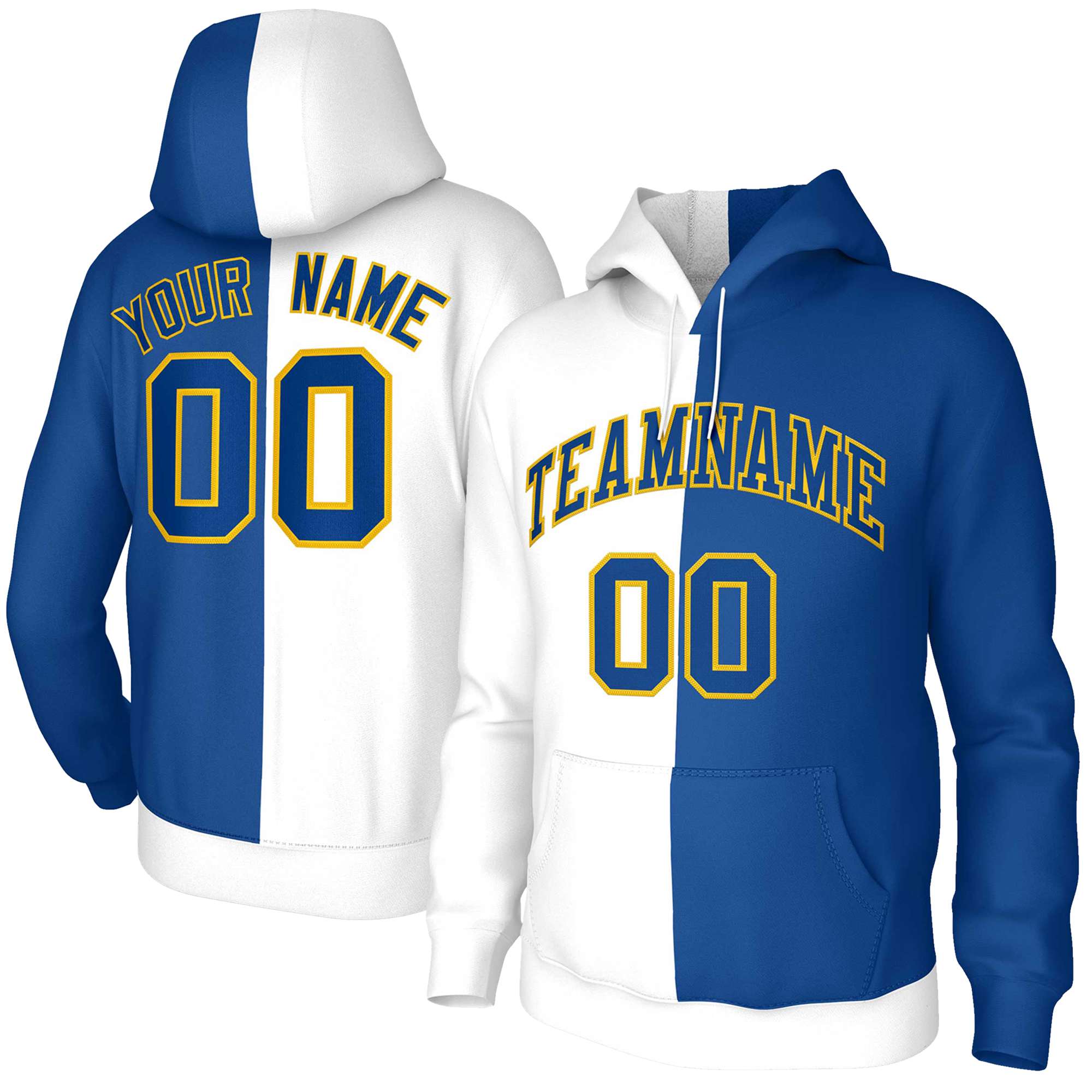 Custom White Royal Royal-Gold Split Fashion Stitched Sportwear Pullover Hoodie| KXKSHOP